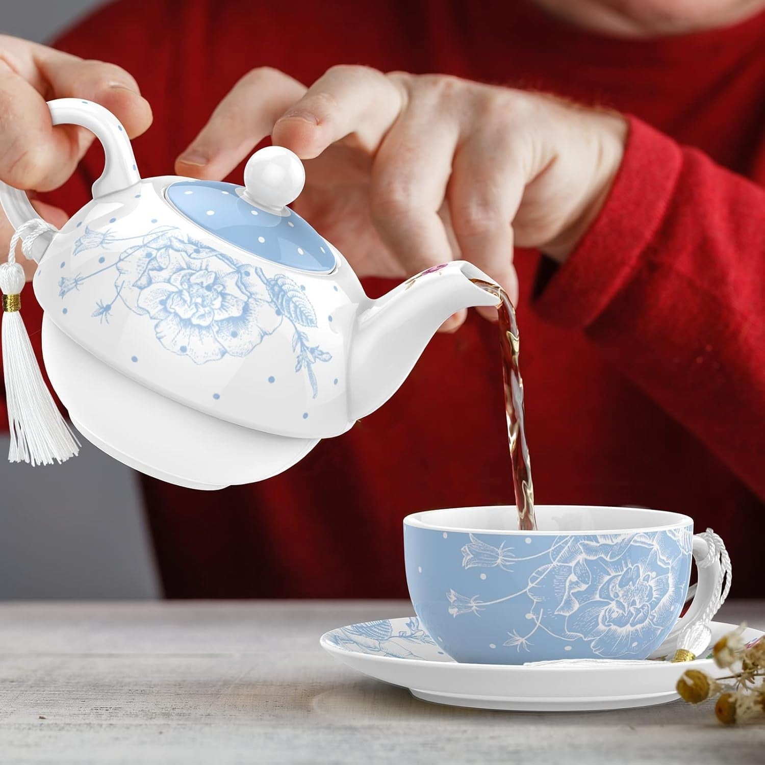 Tea for One Teapot Cup Saucer Set 350ml Vintage Floral Blue Gift Box