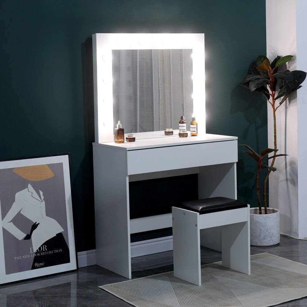 White Modern Dressing Table Vanity Desk with LED Mirror & Tuck-Under Stool