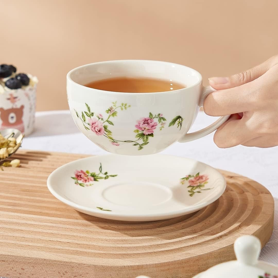 Tea For One Porcelain Teapot Cup Set Floral Pink Tea Set with Saucer