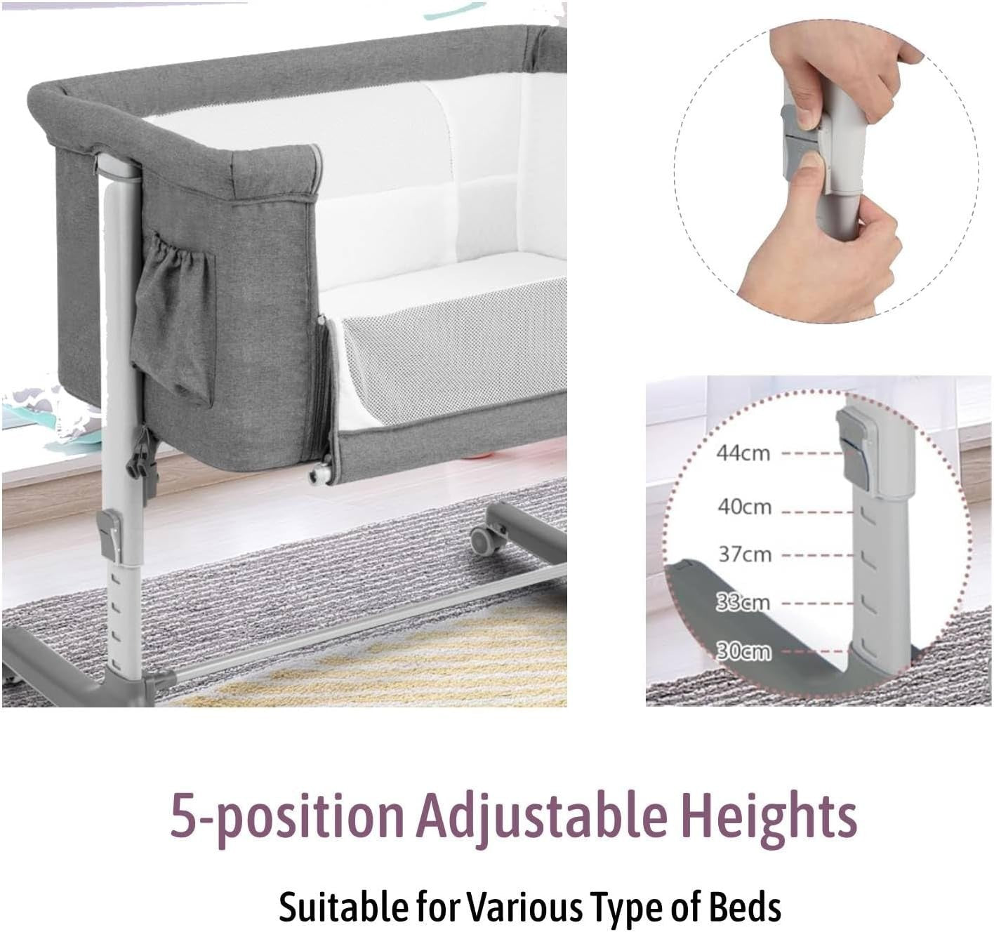 3-in-1 Baby Bedside Crib with Adjustable Heights, Mattress & Carry Grey