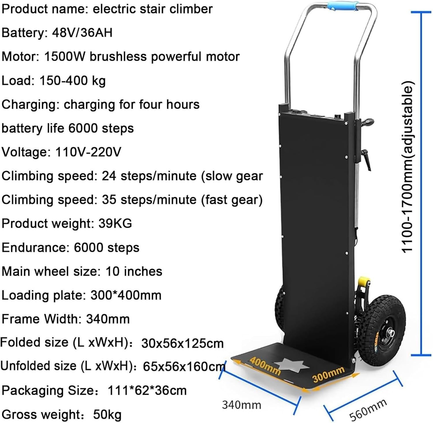 Electric Stair Climber Hand Truck 900lbs Load Brushless Motor Heavy Duty Trolley