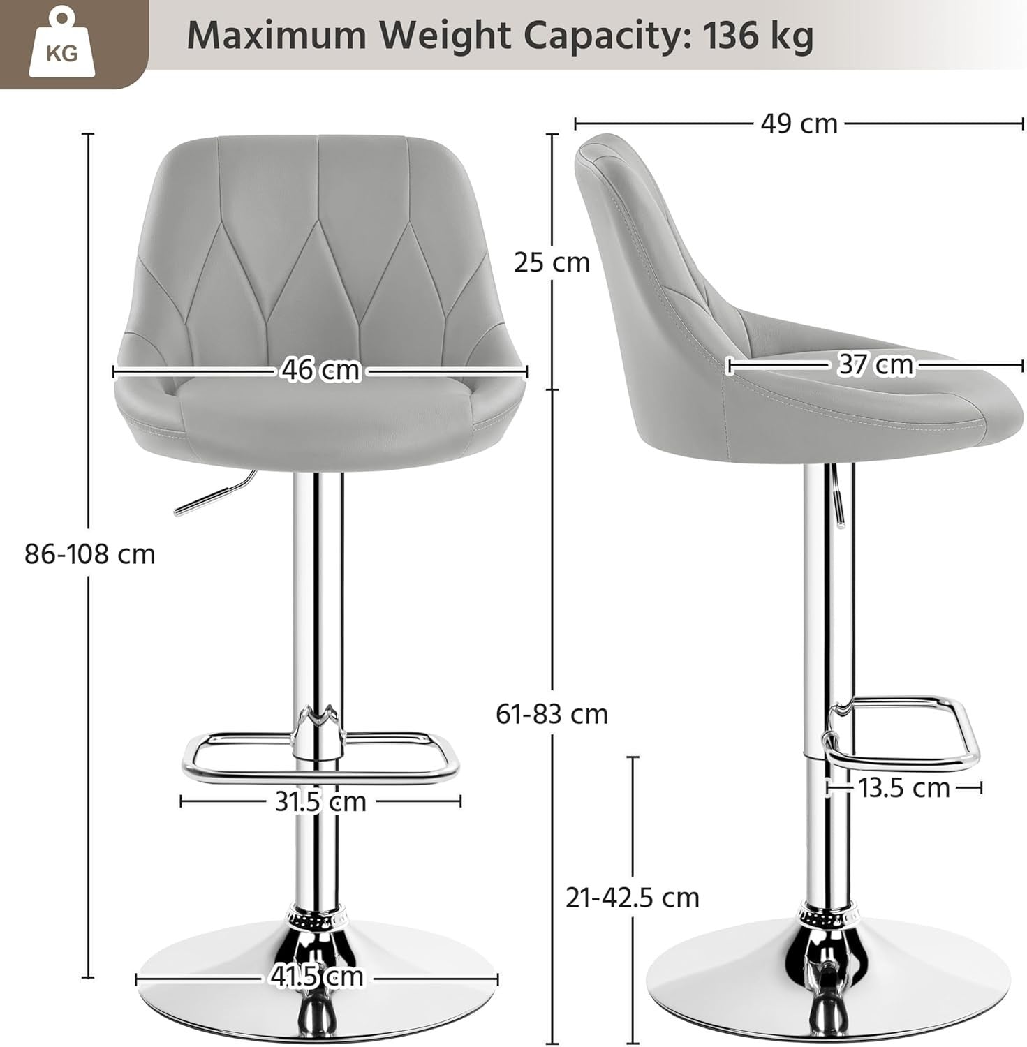 Adjustable Swivel Bar Stools with Backrest & Footrest – Light Grey