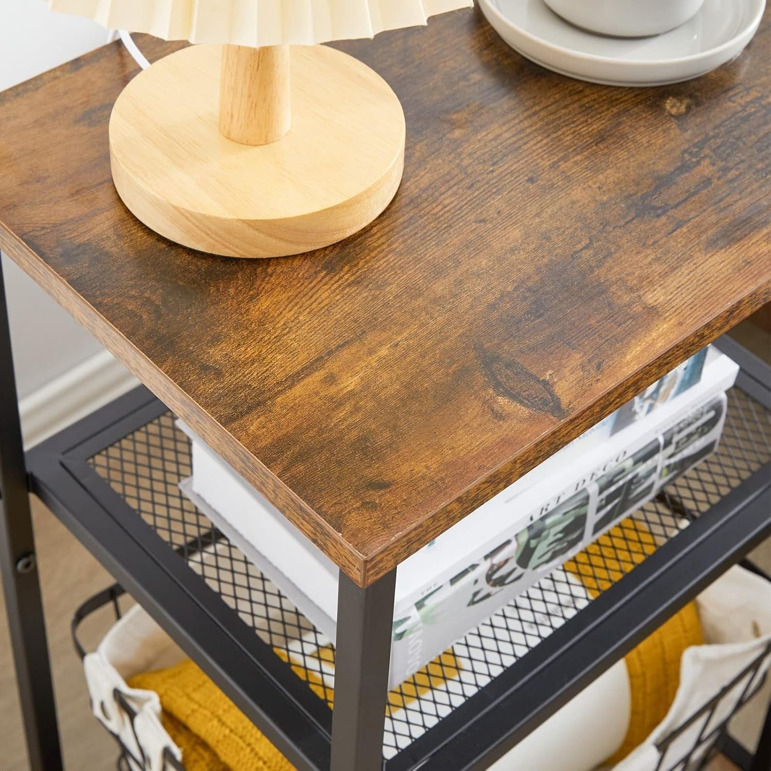3-Tier Industrial Side Table with Wood & Metal Shelves, Compact Storage