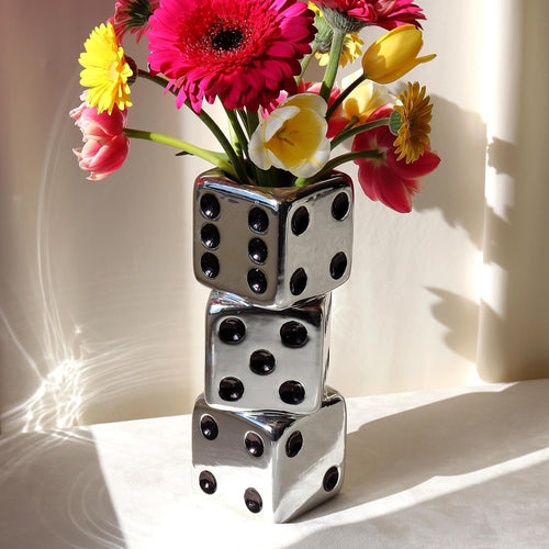 Dice Vase Ceramic Triple Stack Silver Black Dot Modern Table Flower Decor