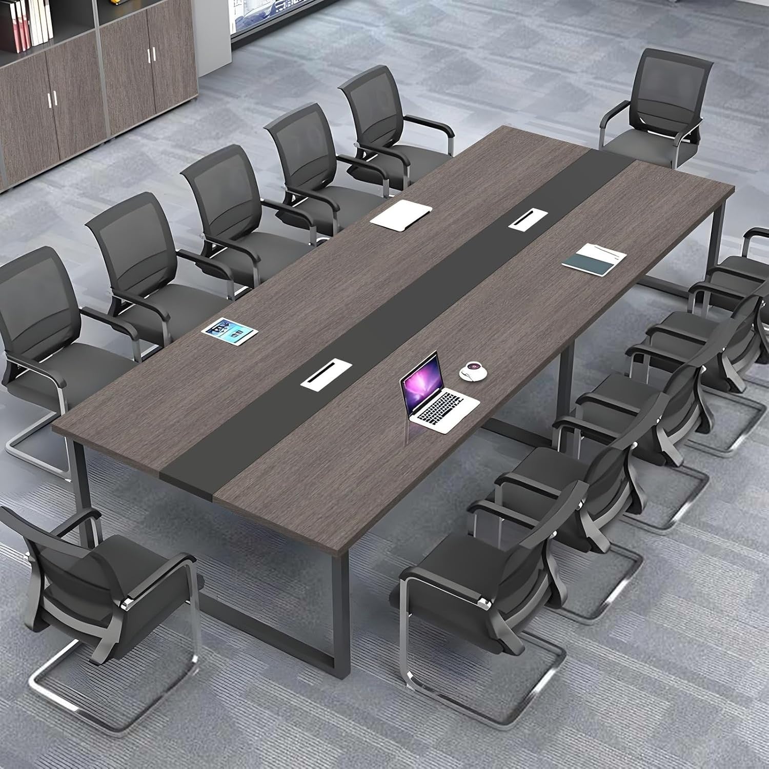Gray Oak Conference Table 120cm w/ Metal Frame & Scratch-Resistant Top