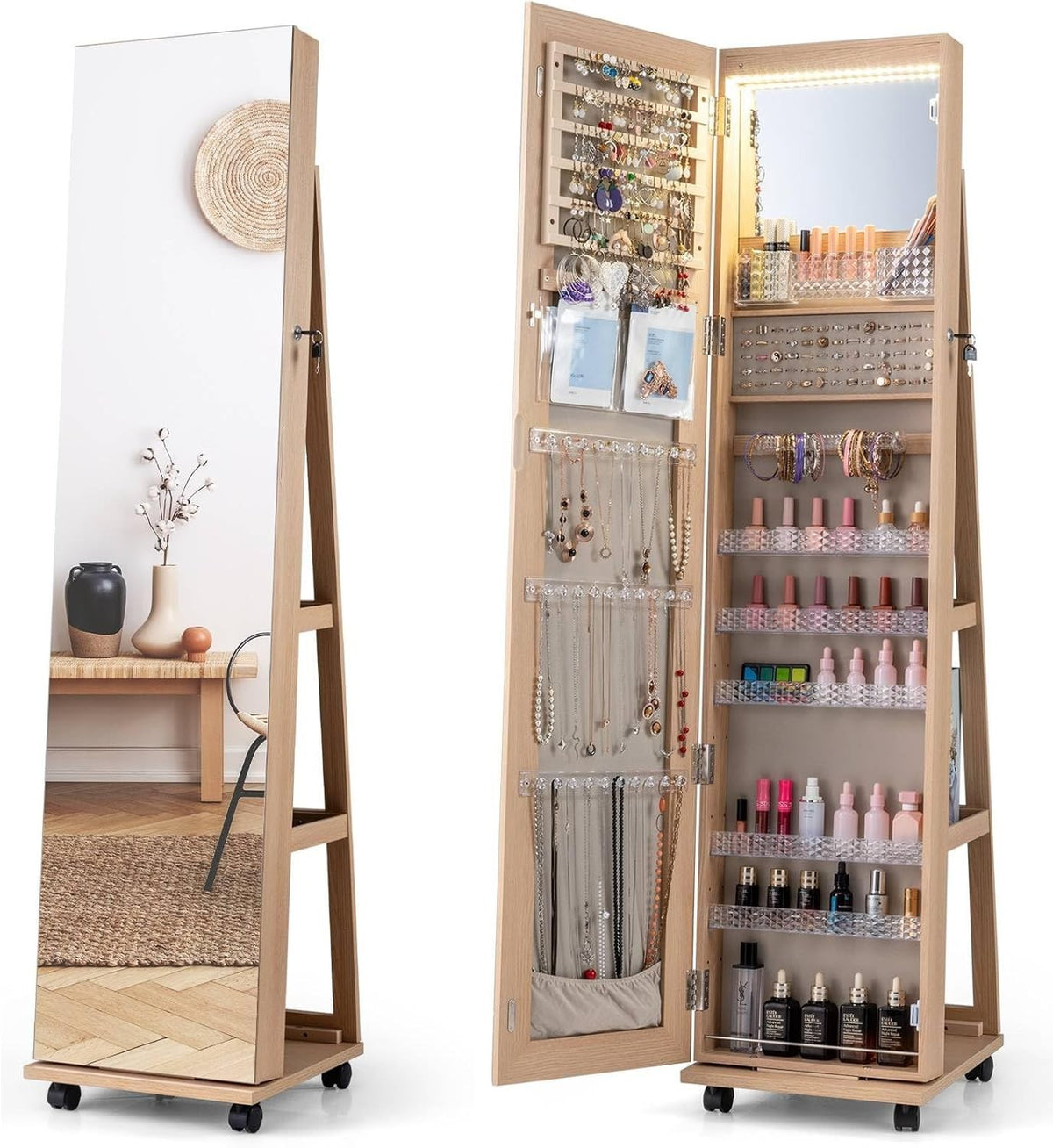 Natural LED Jewelry Cabinet Mirror Lockable Rolling Storage Organizer
