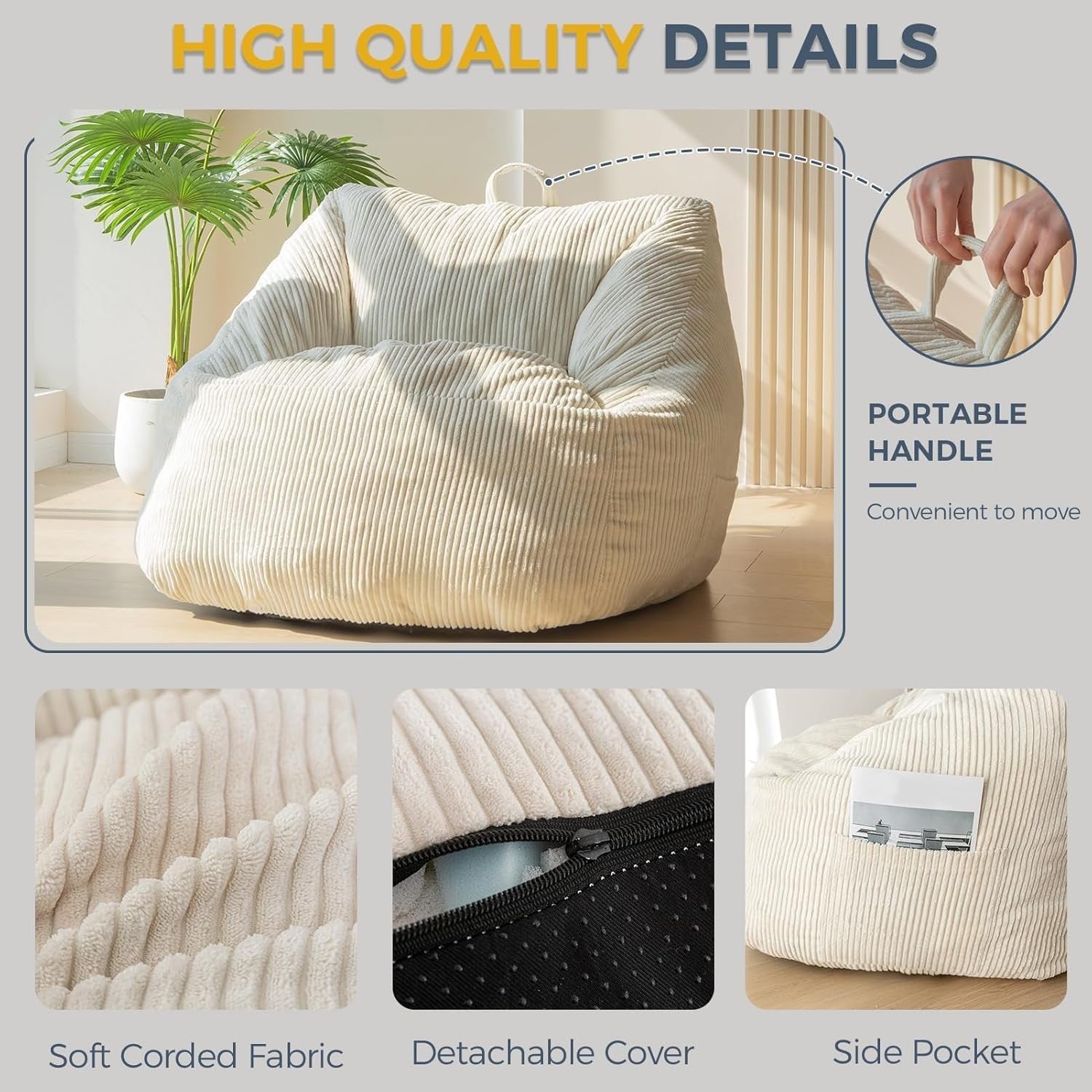 Giant Corduroy Bean Bag Chair with Foam Filling Soft Oversized Lounge Seat