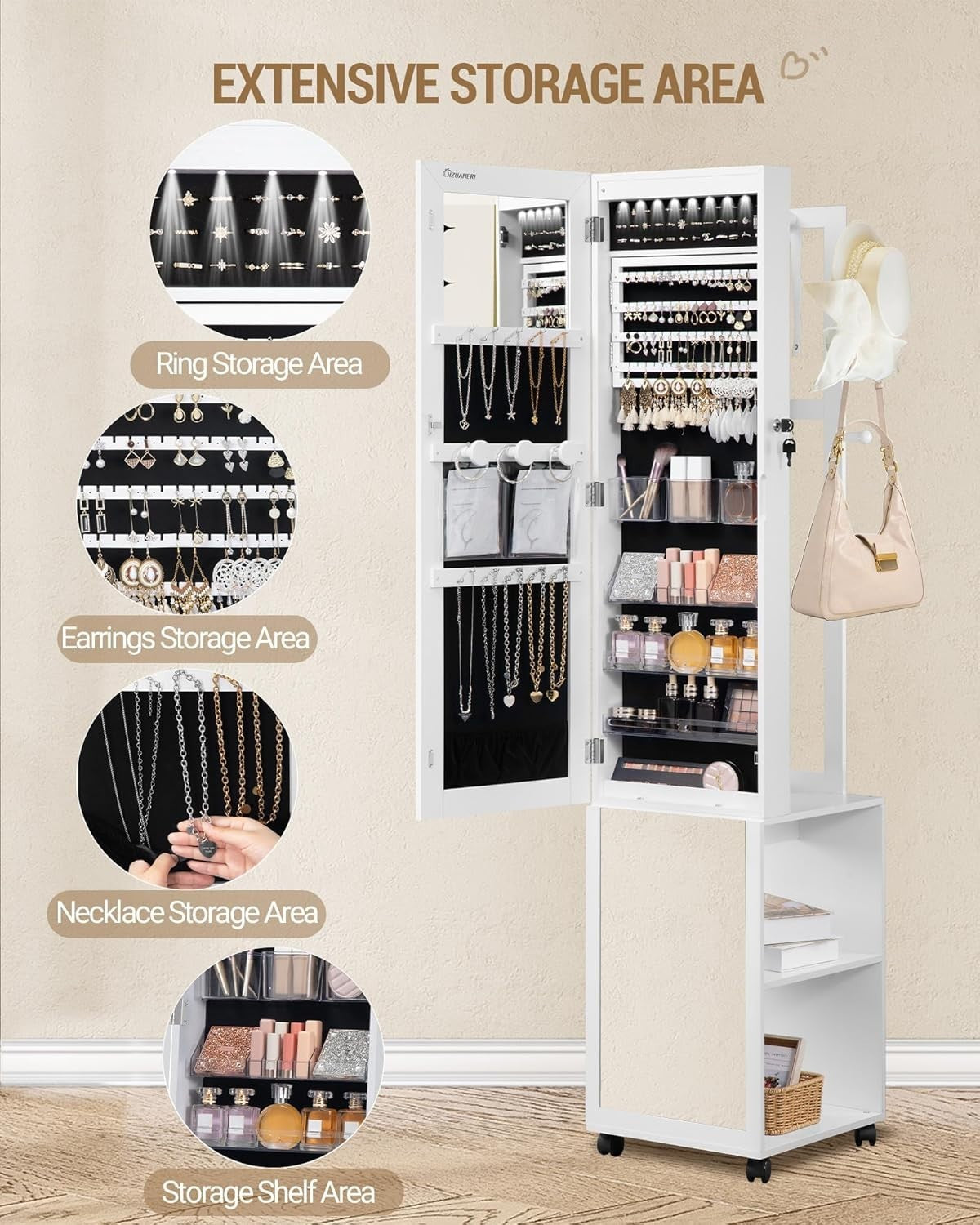 White & Black LED Jewelry Cabinet Mirror Lockable Rolling Storage Rack