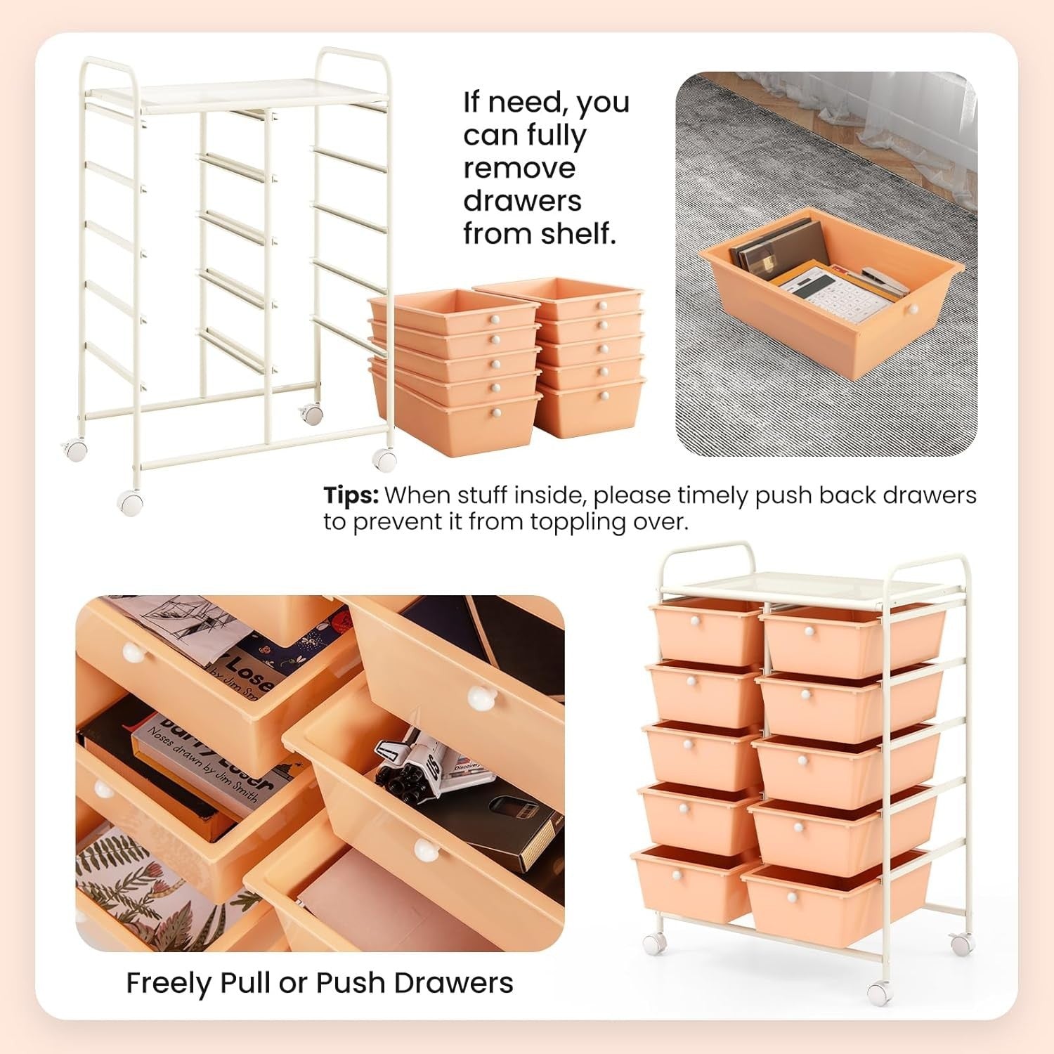 Peach 10 Drawer Rolling Storage Cart Utility Trolley Beauty Organizer