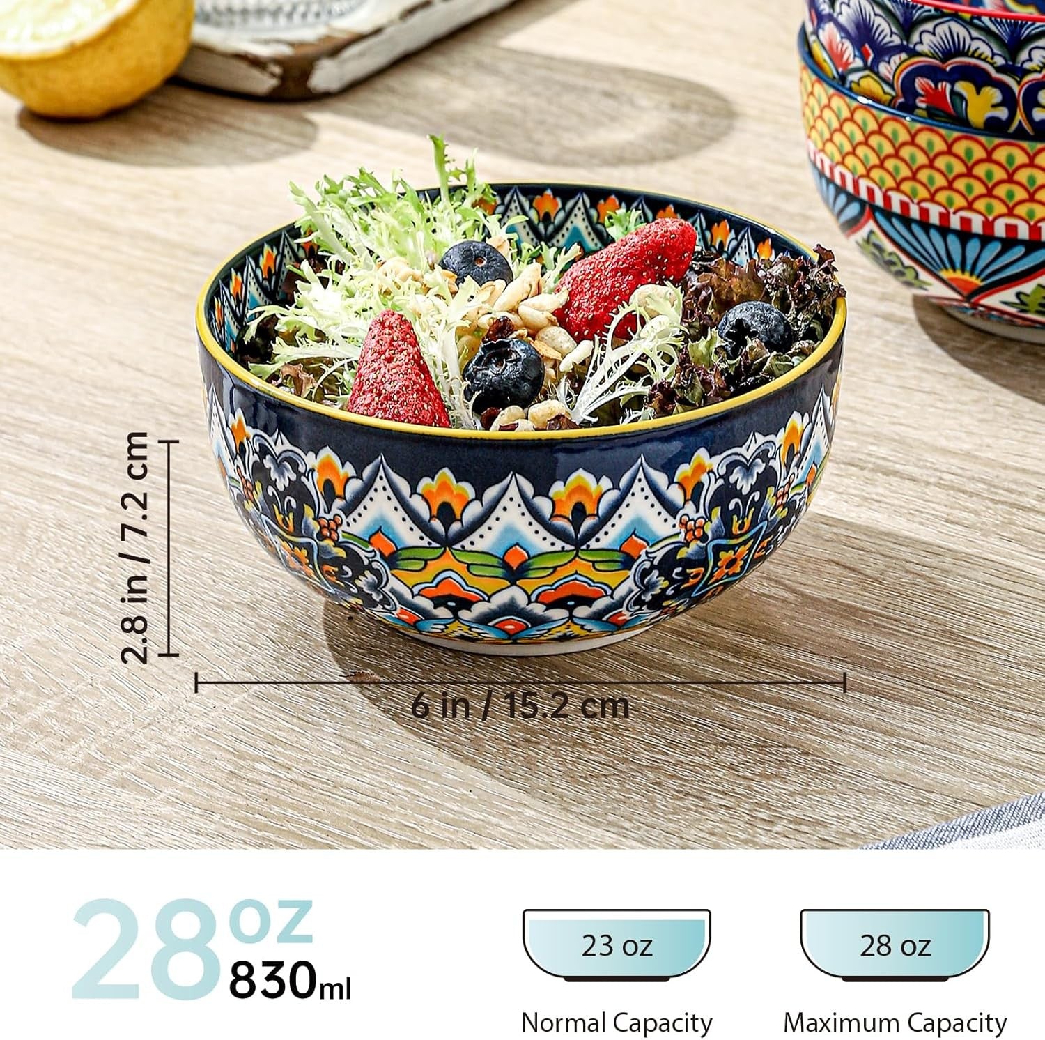 6pc Porcelain Cereal Soup Bowls 28oz Bohemian Floral Dishwasher Safe