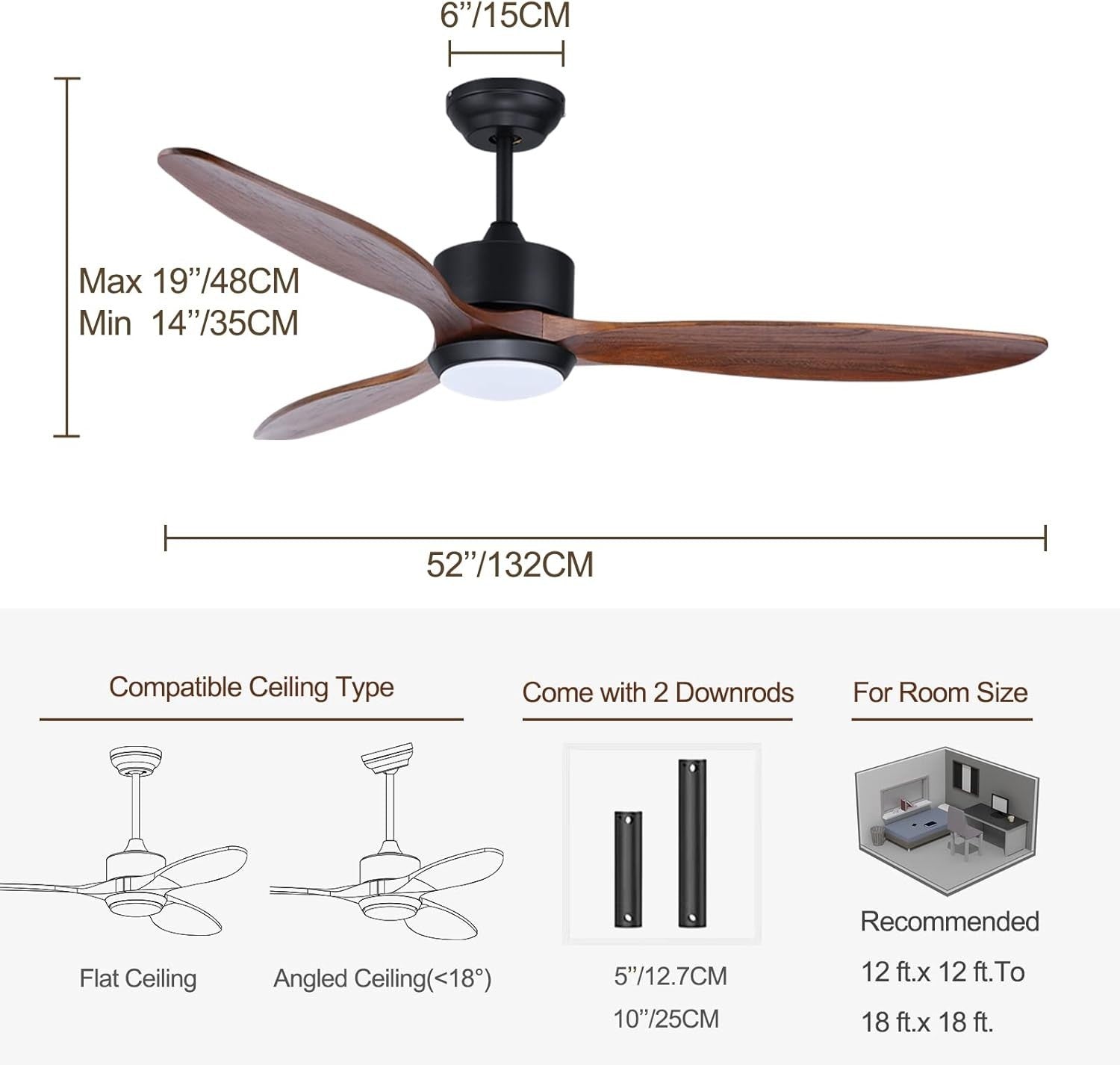 Ovlaim 132cm Wood Ceiling Fan, 3 Blades, LED Light, Quiet DC Motor, Remote