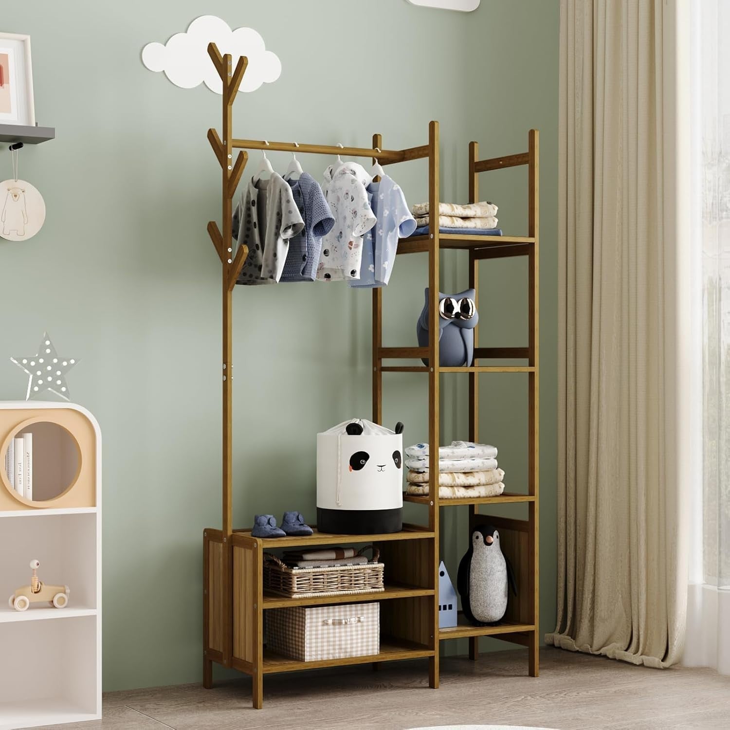 Bamboo Clothes Rail with 6 Shelves & Hooks, Tea Wardrobe