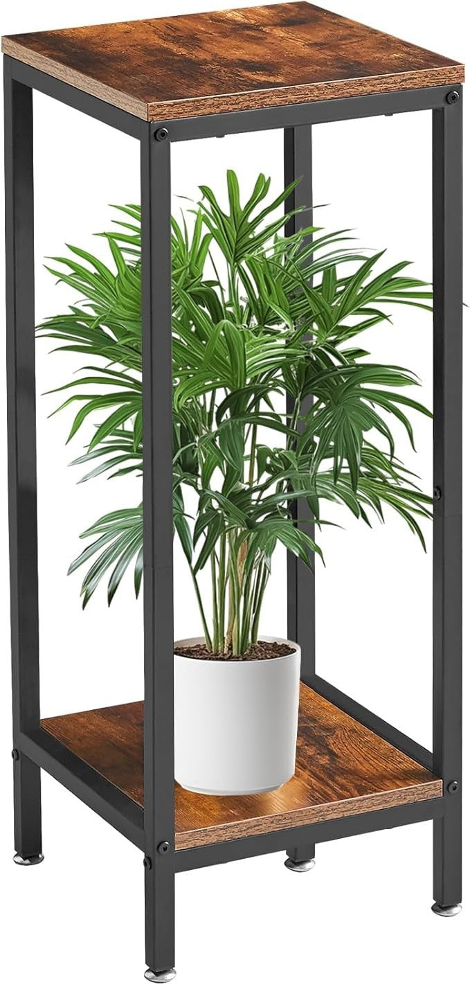 2 Tier Industrial Wood Metal Plant Stand Indoor Outdoor 30 Inch Rustic Shelf