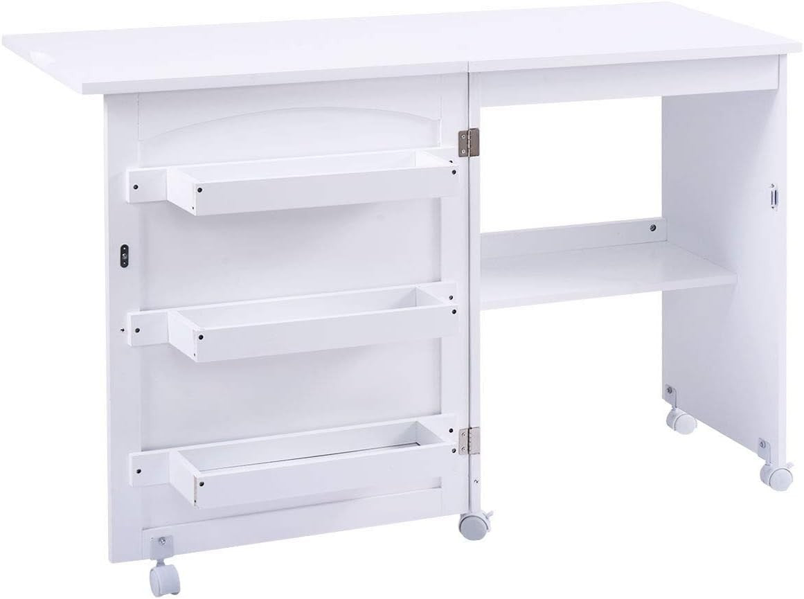 Folding Sewing Table 117cm Mobile Craft Desk with Wheels & Storage White