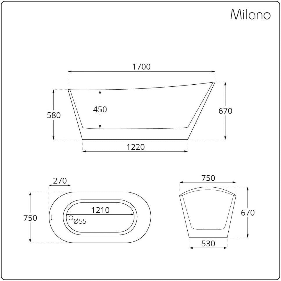 White Single Ended Freestanding Slipper Bath 1700x750mm White Overflow