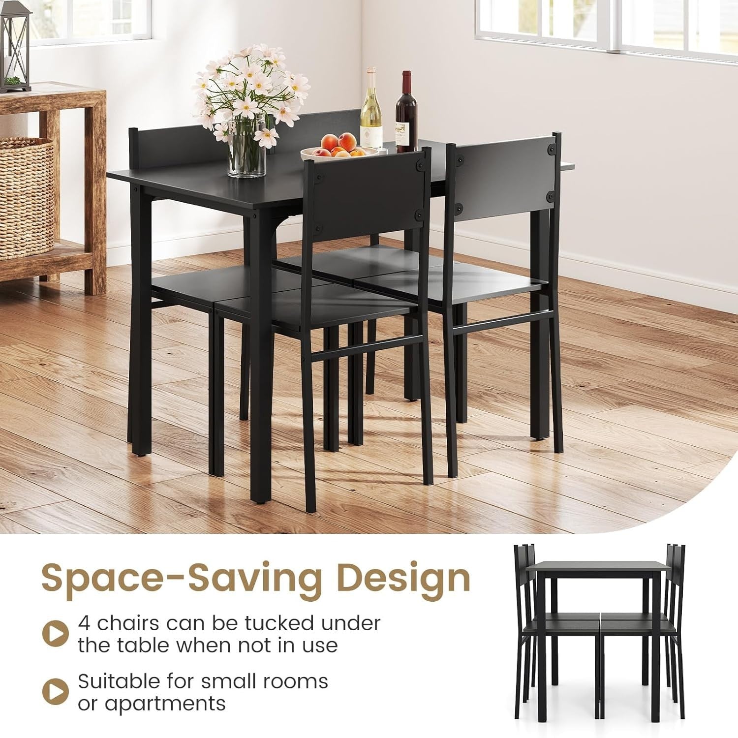 4 Seater Dining Table Set Space Saving Metal Frame Kitchen Room Black