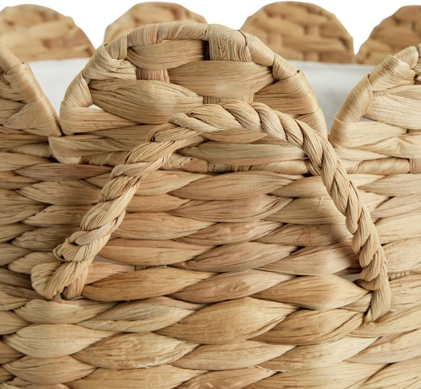 Water Hyacinth Scalloped Laundry Basket 35x40cm Natural Woven Hamper w/ Handles