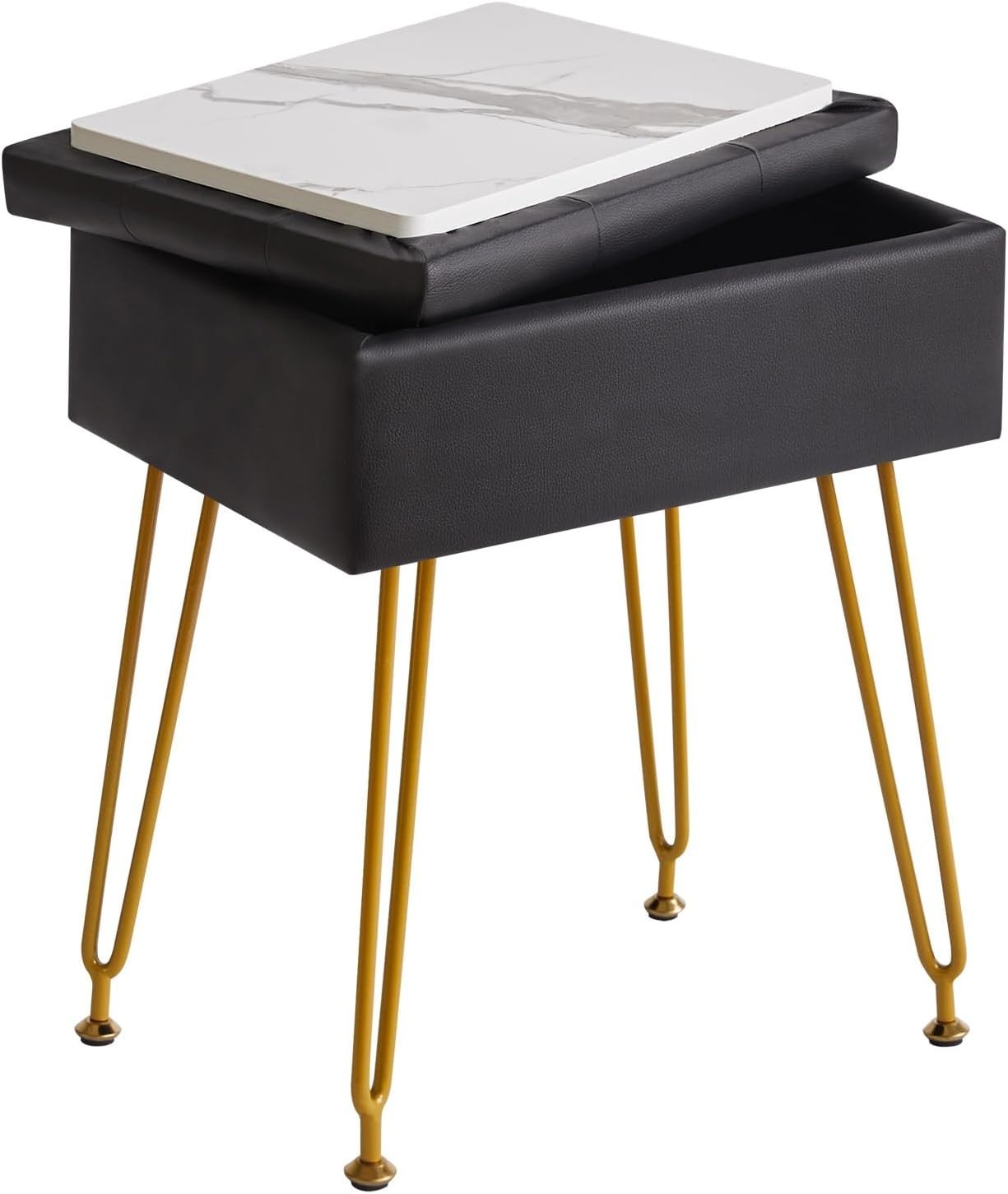 Black PU Leather Vanity Stool with Storage & Flip Tabletop – Metal Legs