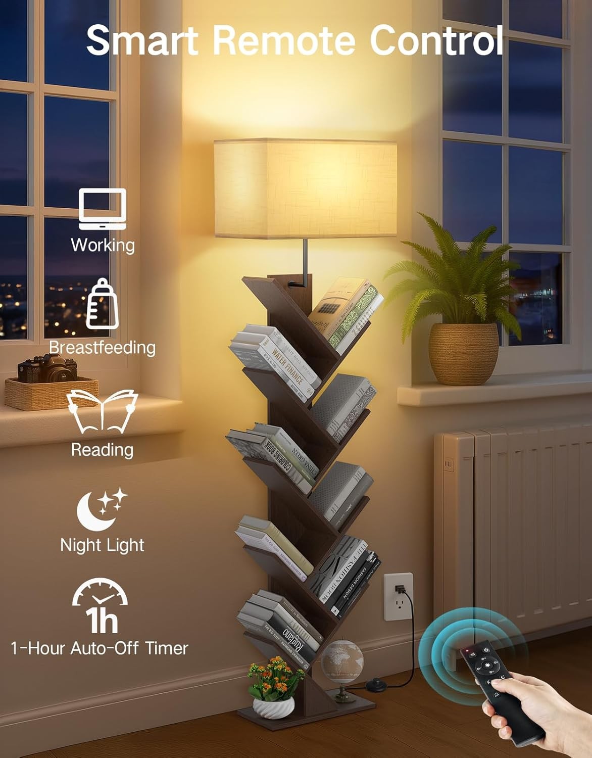 9 Tier Tree Bookshelf Walnut Floor Lamp with Remote Light Narrow Wooden Bookcase