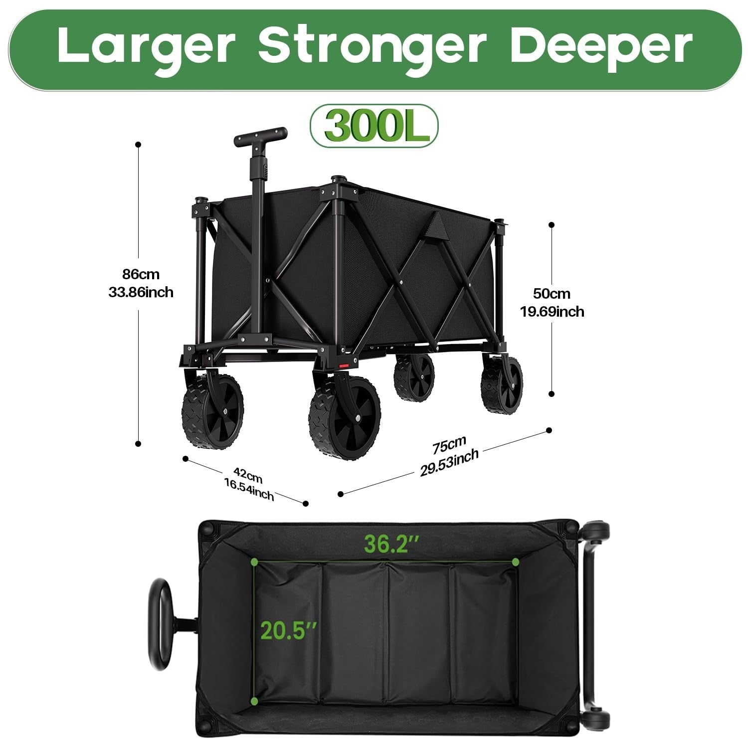 Dark Black Folding Wagon Cart Heavy Duty 360° Wheels Adjustable Handle 600D