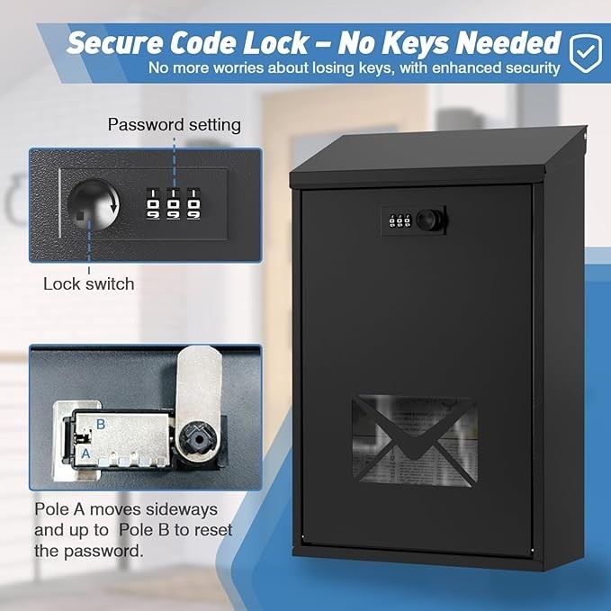 Waterproof Wall Mounted Post Box with Combination Lock & Window 40x25x10cm