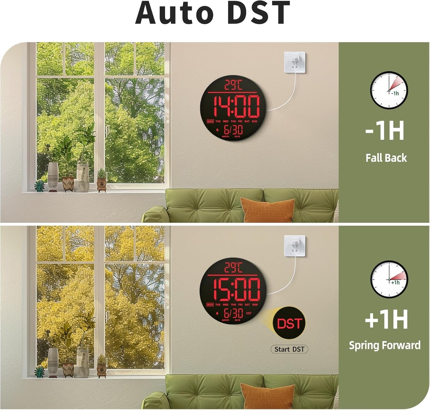 Red LED Digital Wall Clock 10 Inch Remote Control Night Light Display