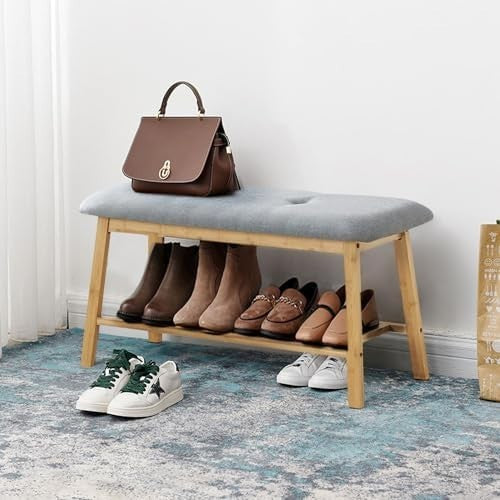 Bamboo Shoe Rack Bench with Padded Linen Seat Grey – Entryway Storage