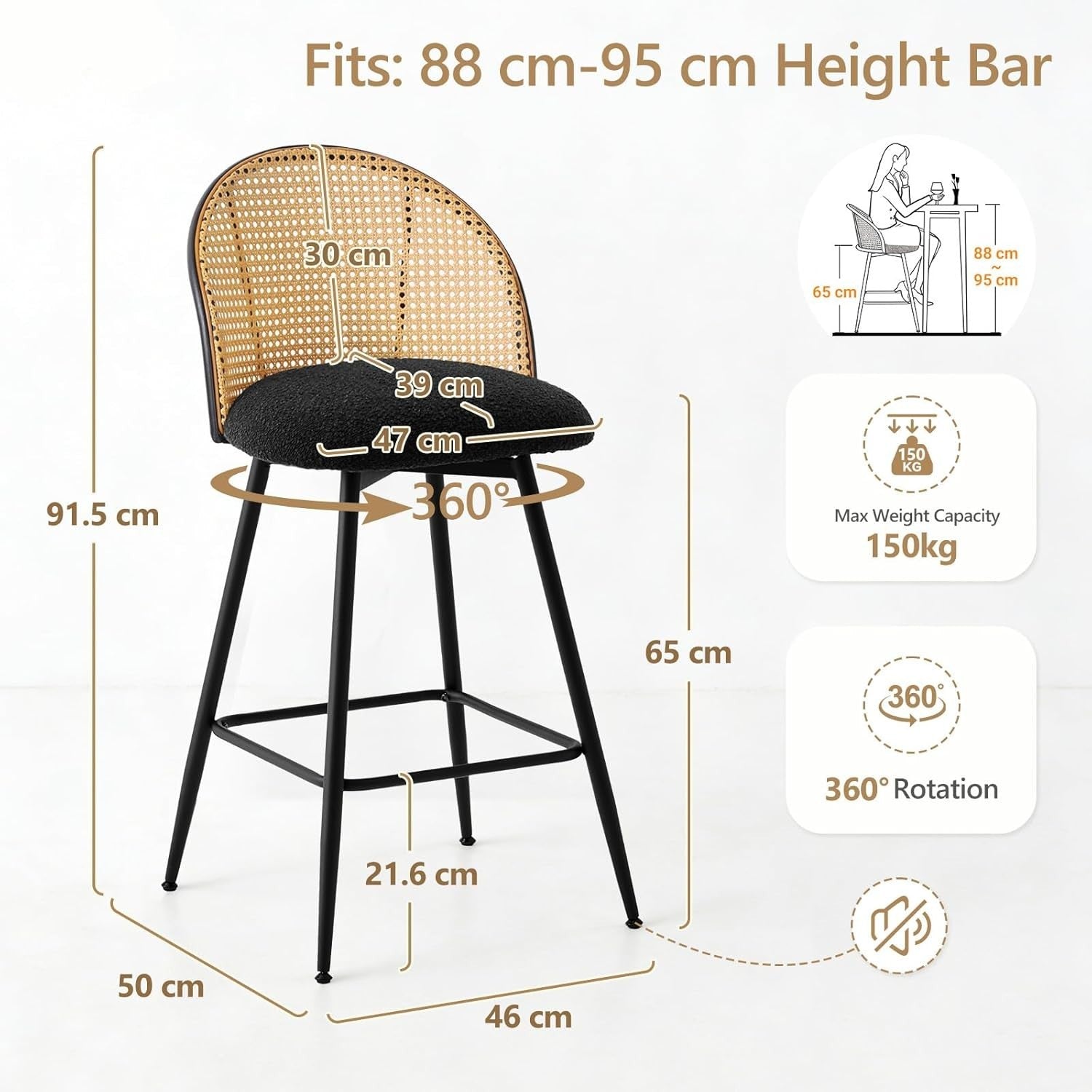 Black Swivel Bar Stools Set of 2 Rattan Back Upholstered Counter Height Seats