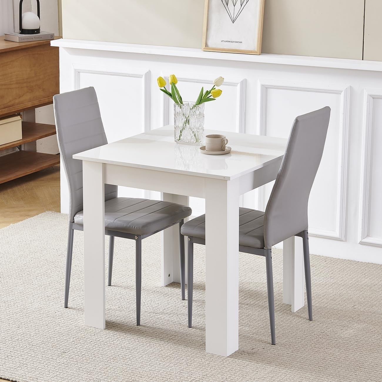 Modern 3-Piece White Marble Dining Set with 2 Grey PU Chairs for Small Spaces
