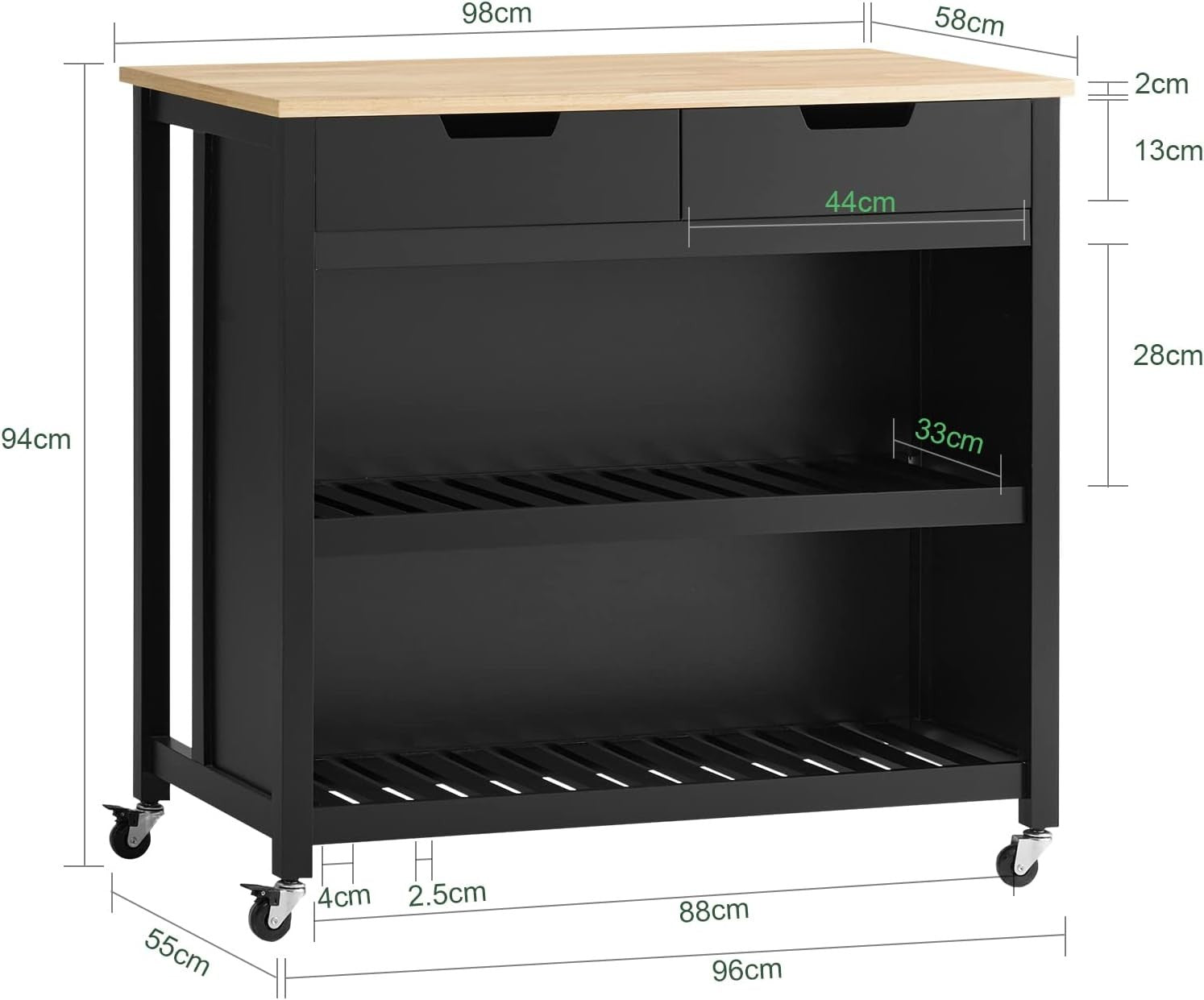 Kitchen Storage Trolley Island with Wooden Worktop Drawers Shelves Wheels