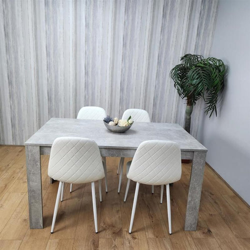 Modern Grey Dining Table Set 4 White Faux Leather Chairs for Kitchen Room