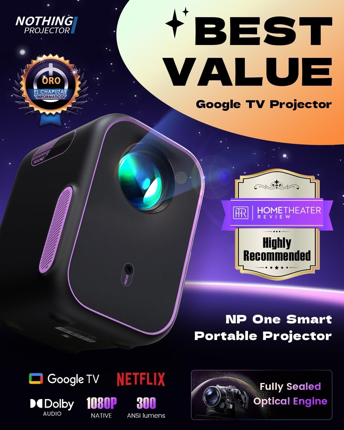 Smart 1080P Projector Google TV WiFi Bluetooth Auto Focus 4K