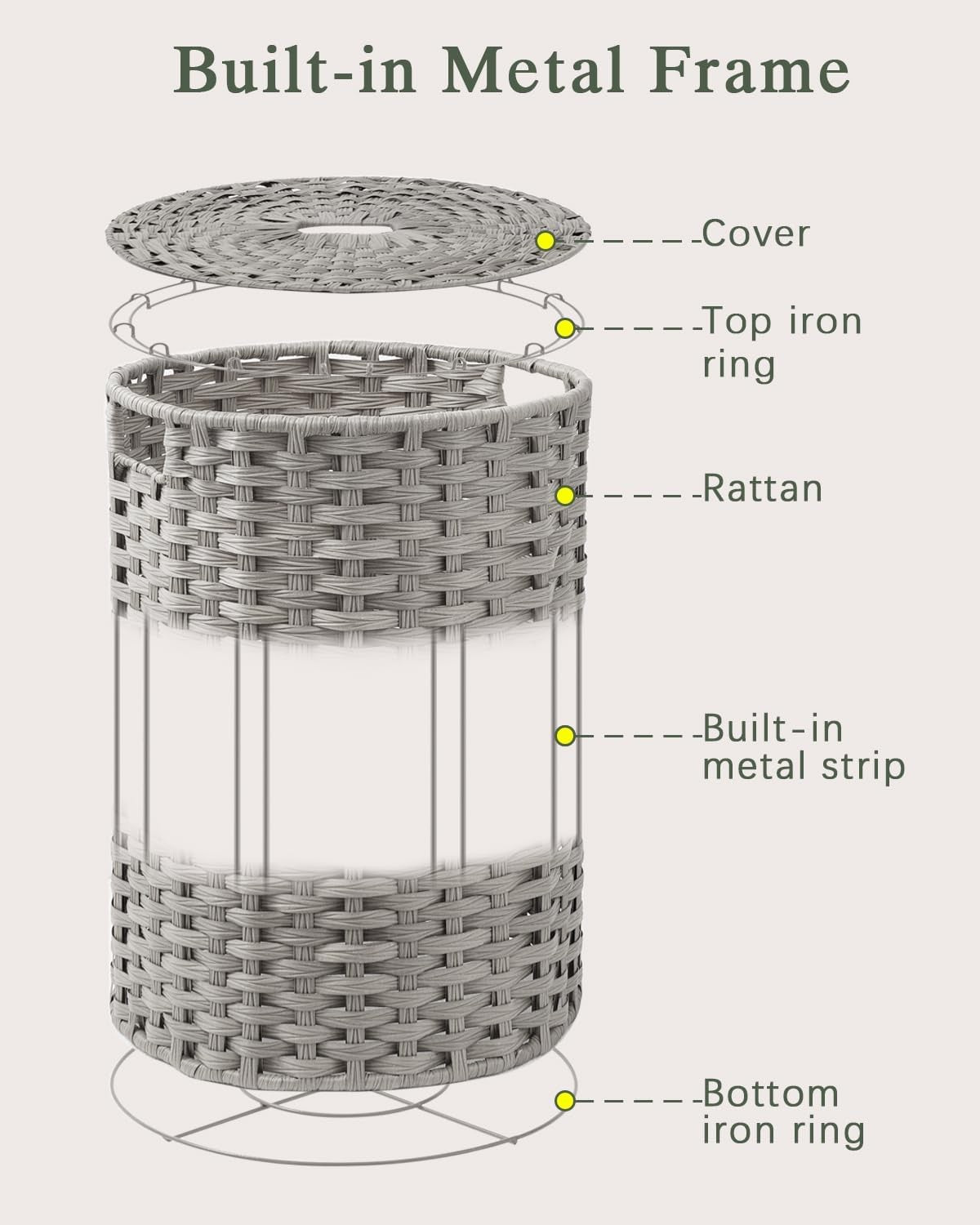 110L Grey Wicker Laundry Basket with Lid Large Round Rattan Hamper Storage