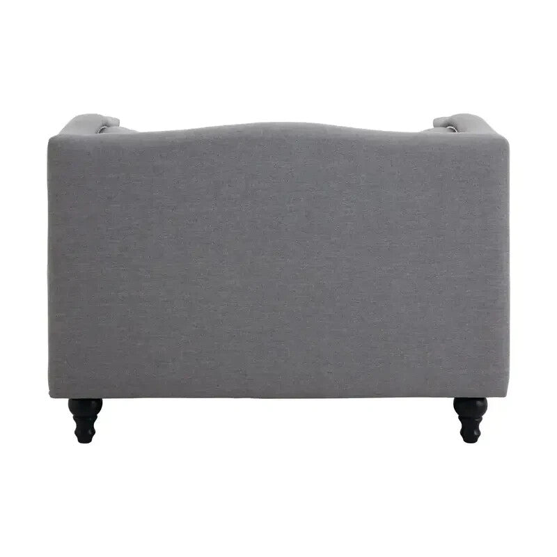 Grey Fabric Armchair – Boxy Design, Stud Trim, Modern Lounge Accent Seat