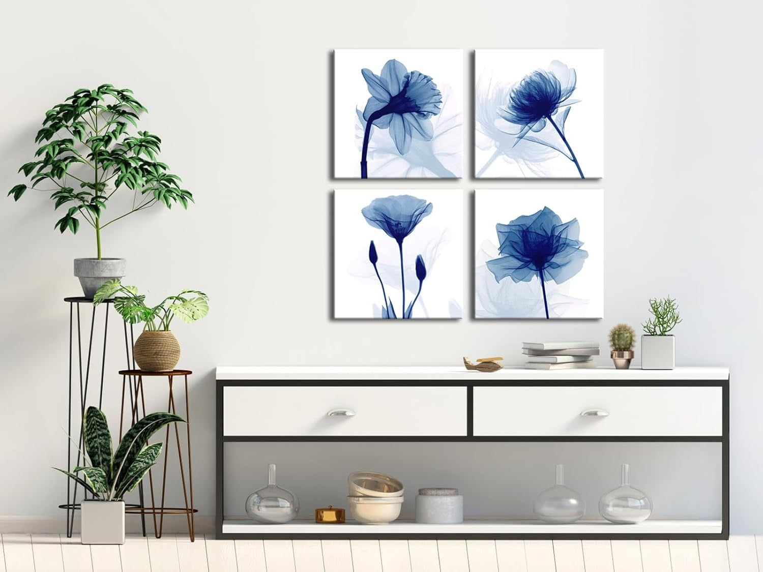 Blue Abstract Flower Canvas Wall Art Set Modern Floral Bedroom Office Decor