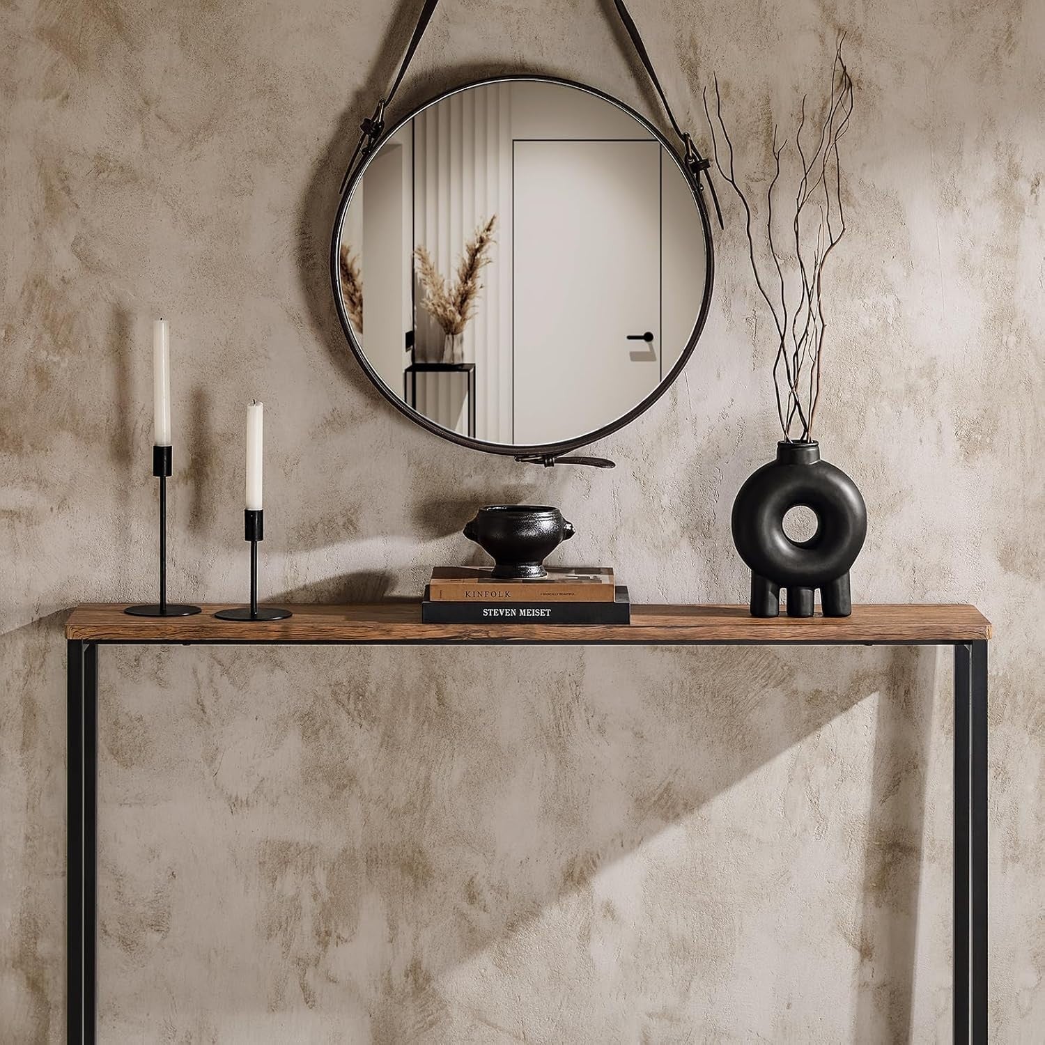 Slim Console Table 120x20x80cm with Adjustable Feet & Wood Effect Top