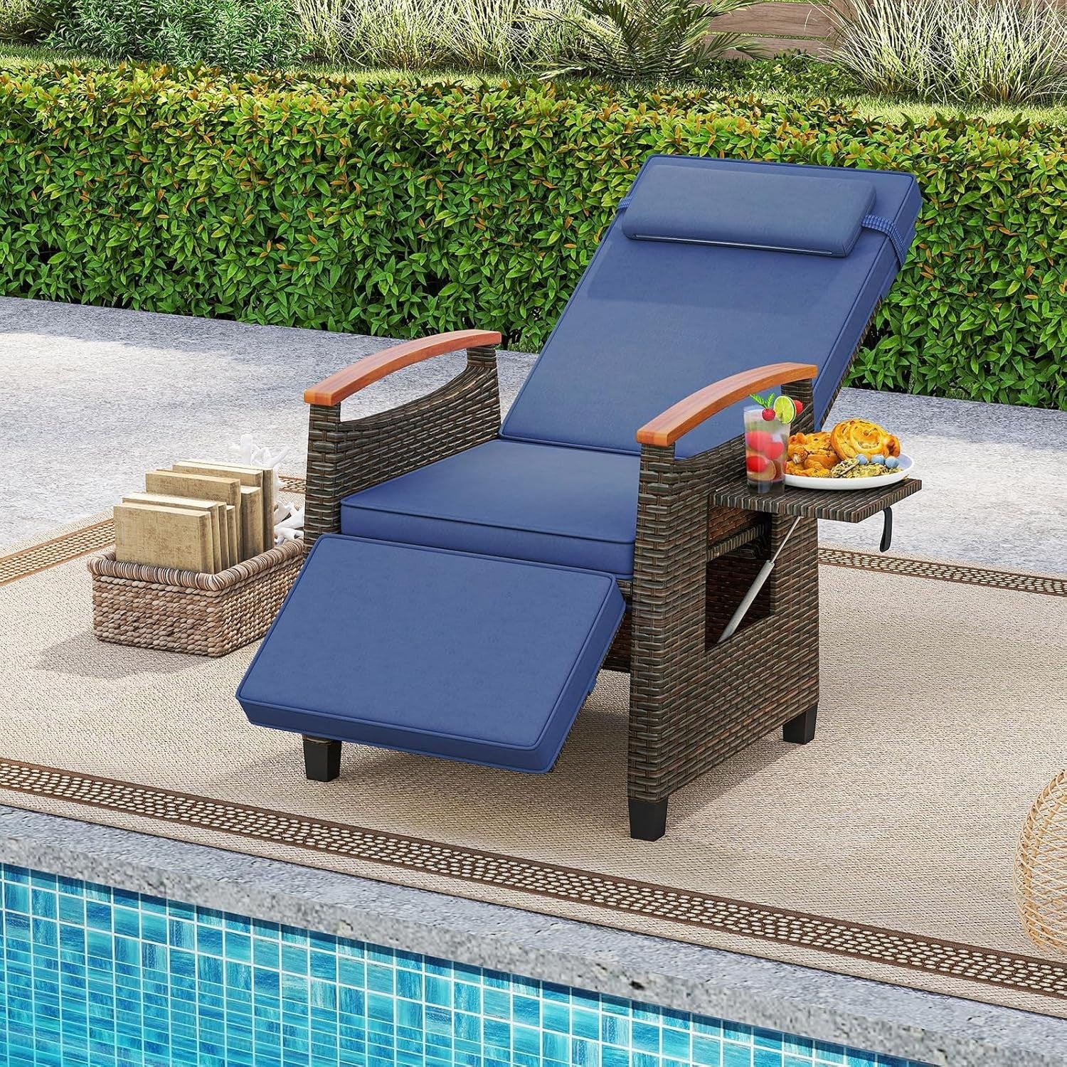 Adjustable Rattan Recliner Chair Cushioned Sun Lounger with Footrest