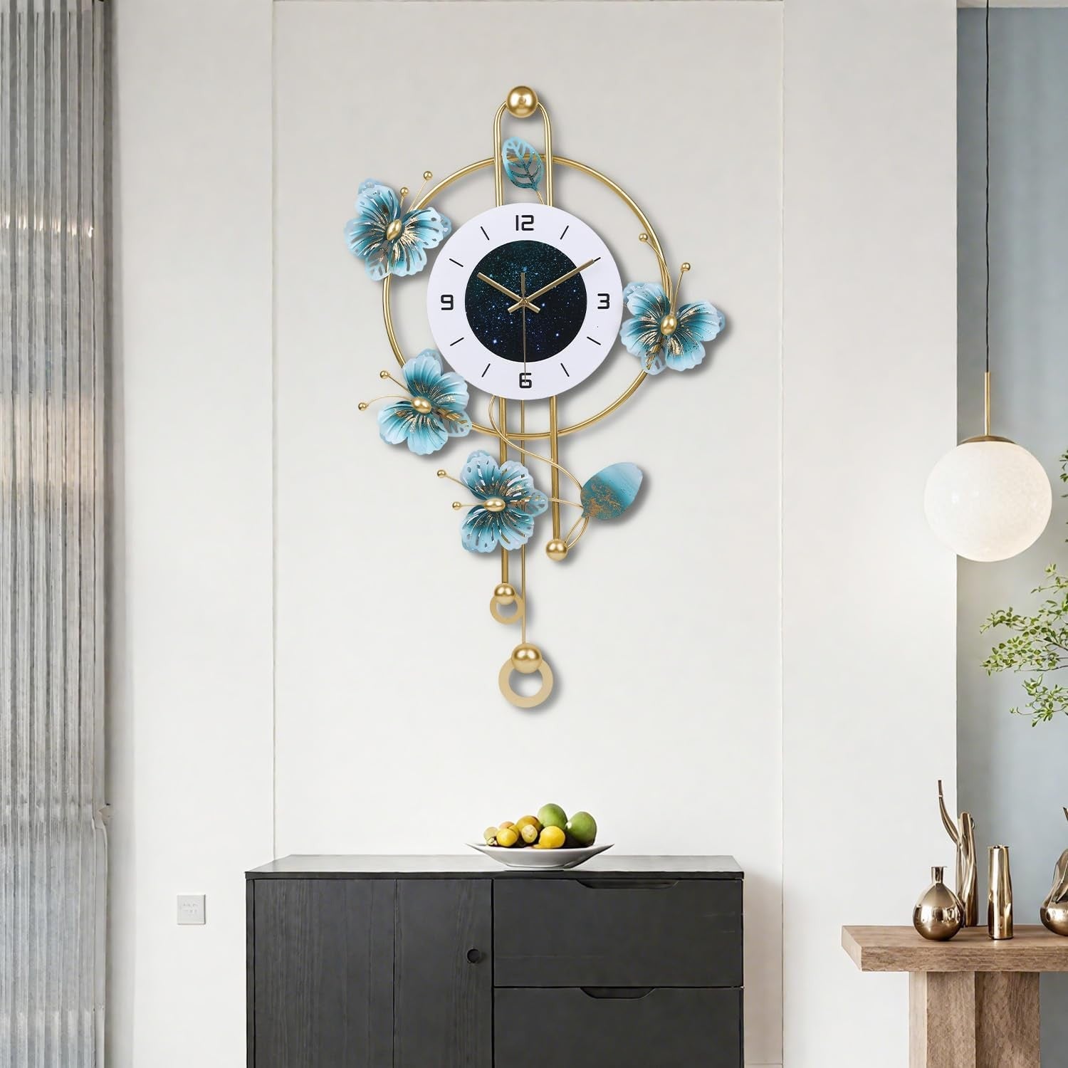 Large 75cm Wall Clock Green Metal Floral Design Silent Quartz Pendulum Decor