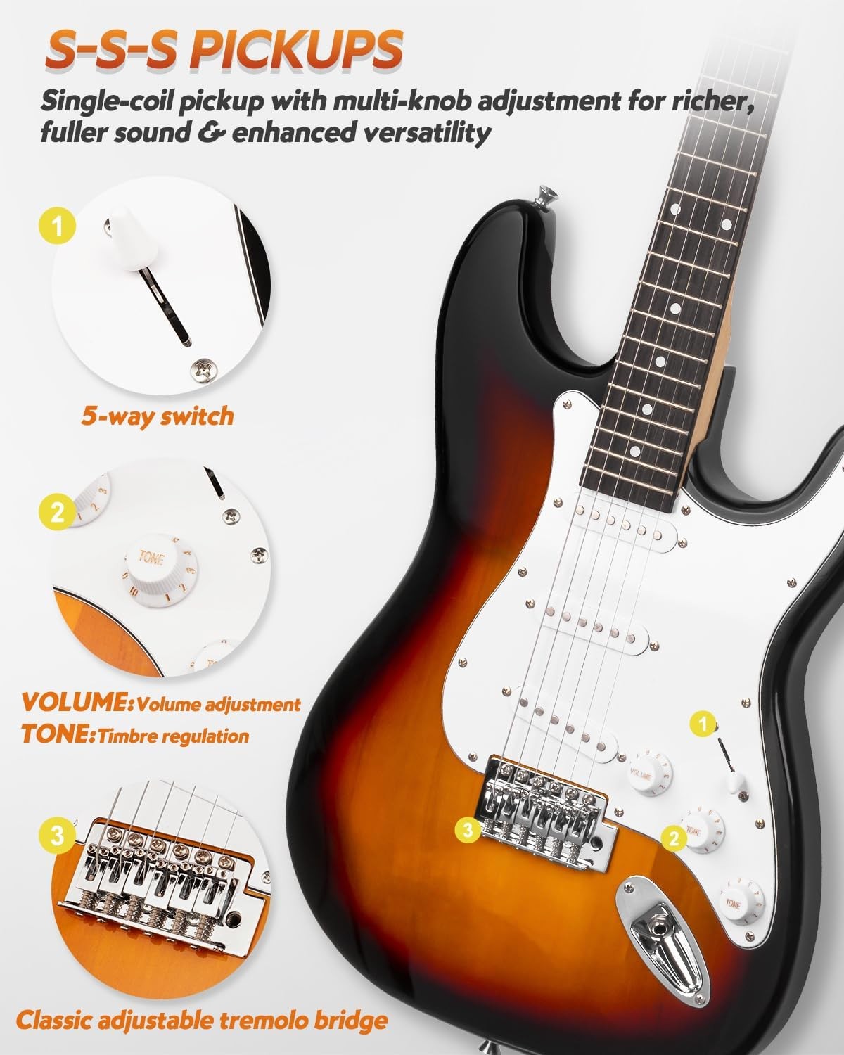 39" Electric Guitar Starter Kit SSS Full Size with 10W Amp Sunburst