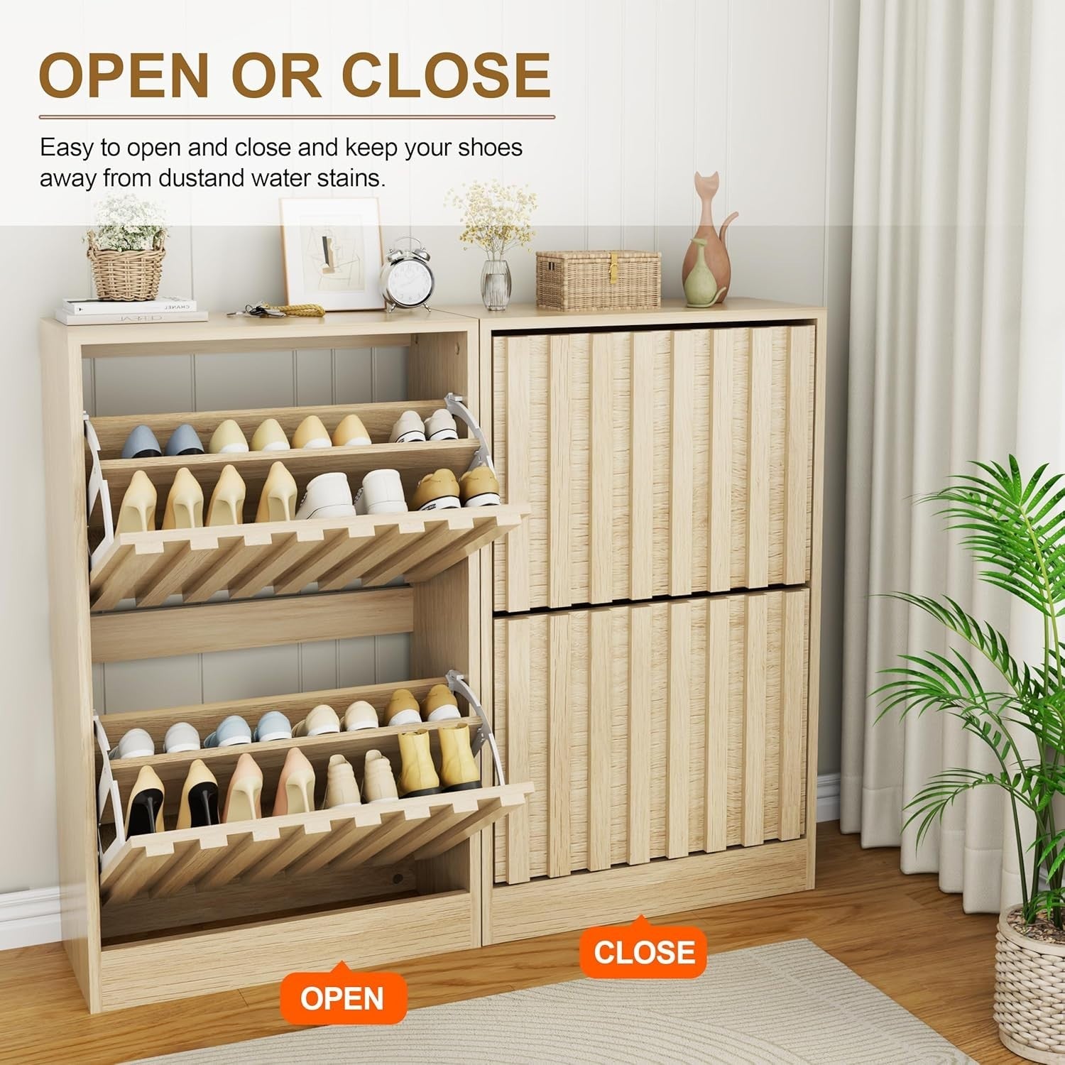 Slim Wooden Shoe Storage Cabinet 2 Flip Drawers Ventilated Modern Unit