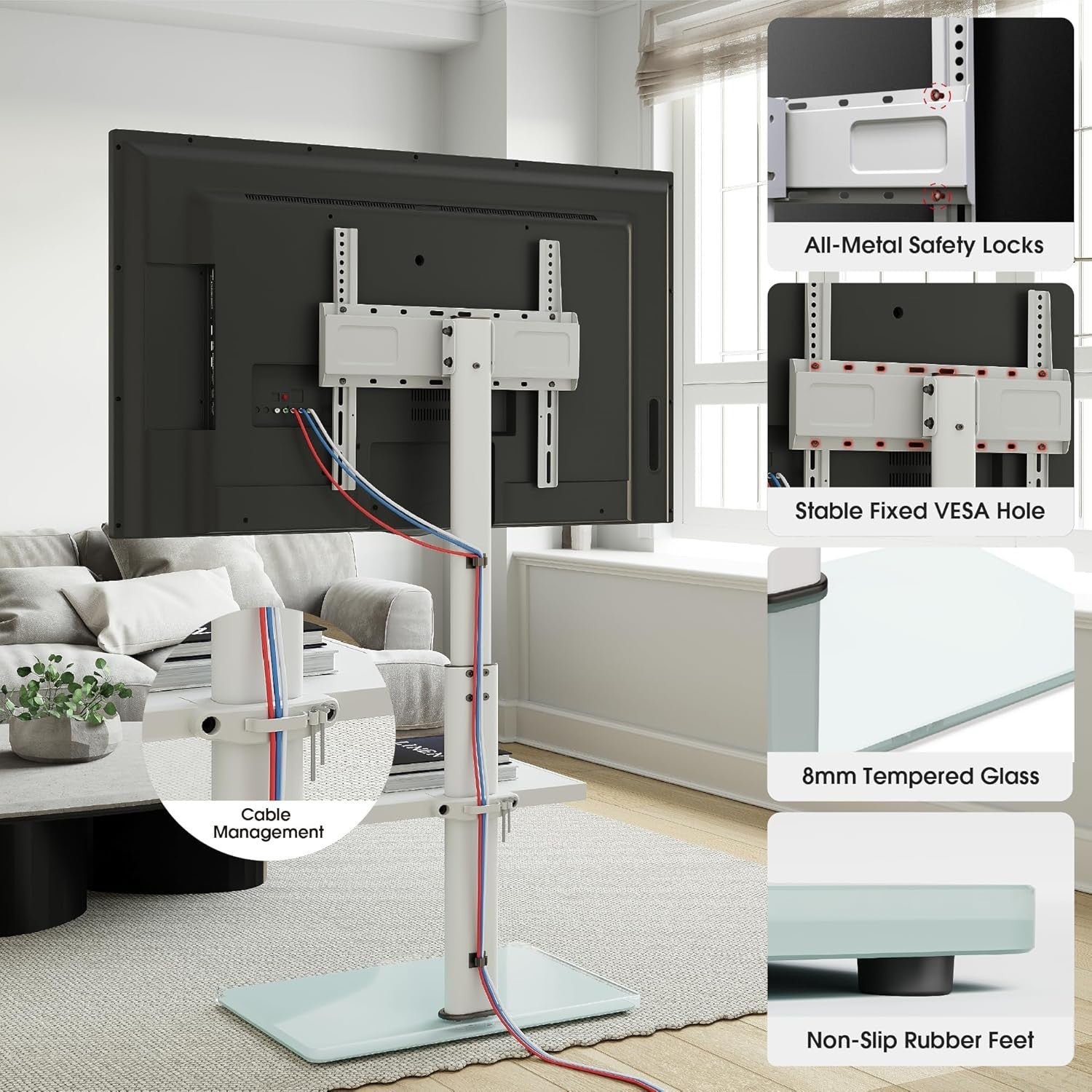 TV Stand 32–70” Floor Mount, Swivel Tilt Shelf, VESA 400x400, Height Adj