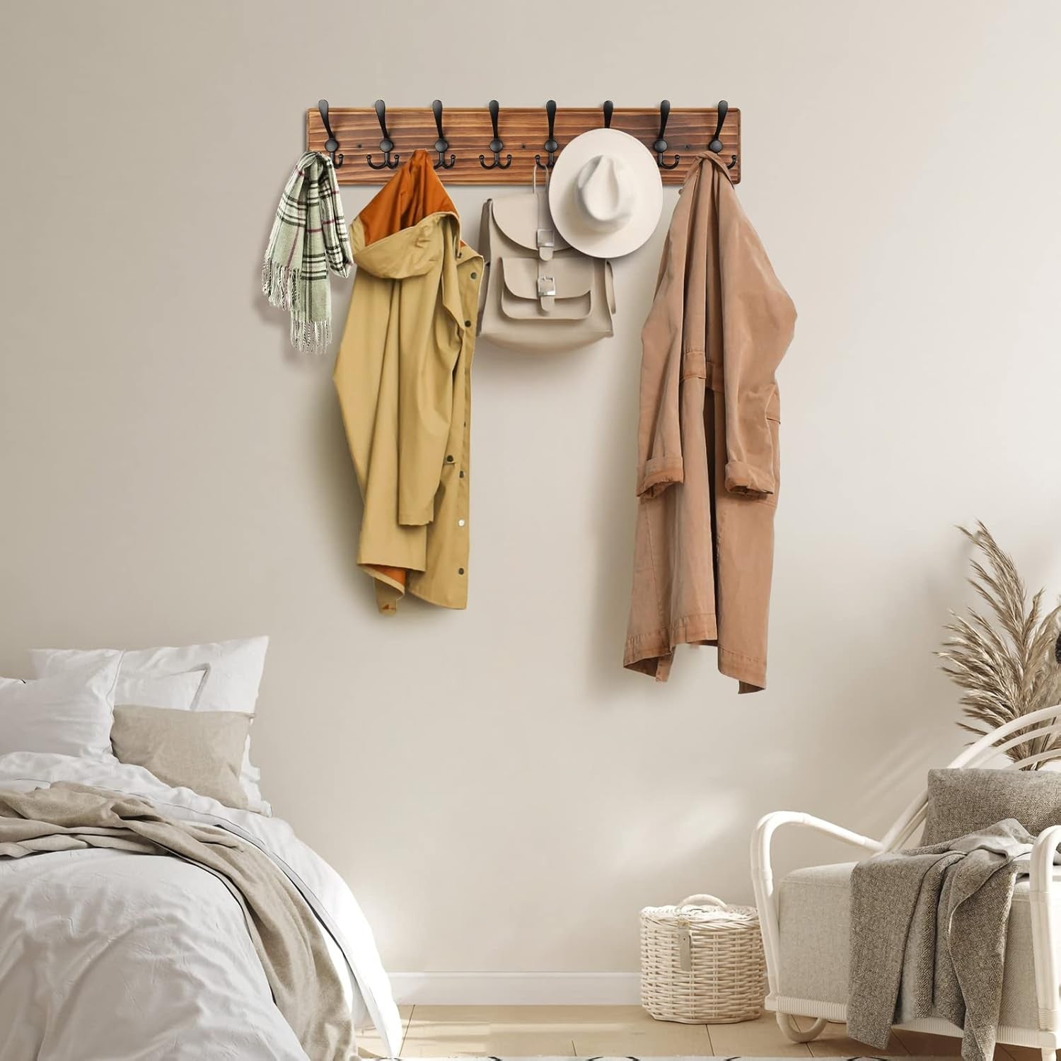 Wooden Wall Mounted Coat Rack | 8 Hook Heavy Duty Hallway Hanger Organizer