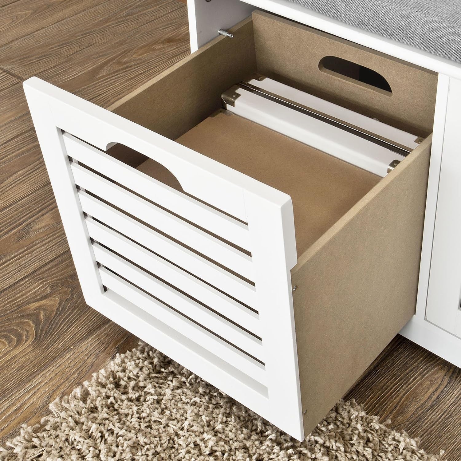 White Shoe Storage Bench with Seat Cushion | 3 Drawer Hallway Cabinet Unit