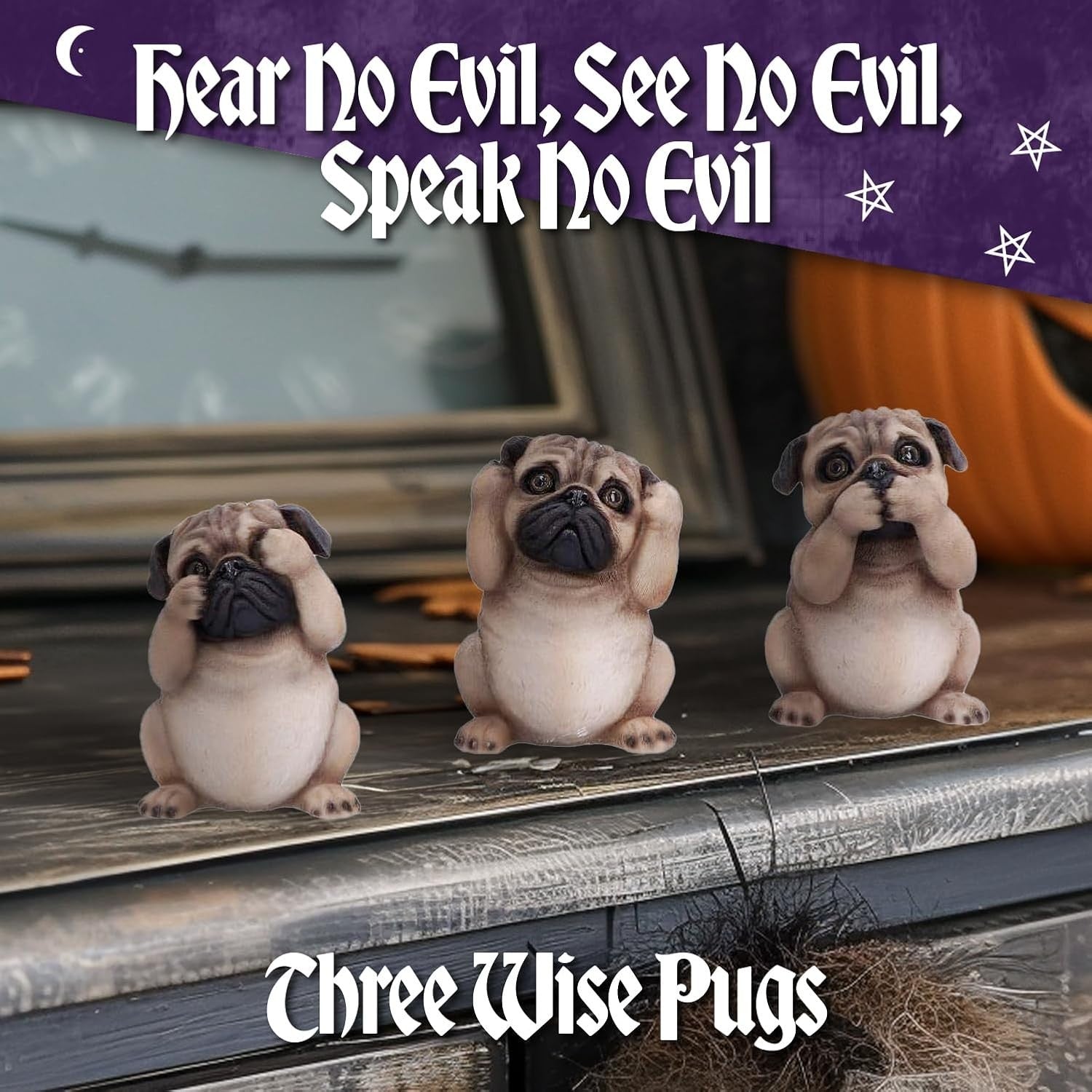 Three Wise Pug Figurines Resin 8.5cm Cute Dog Ornament Set Home Decor Gift