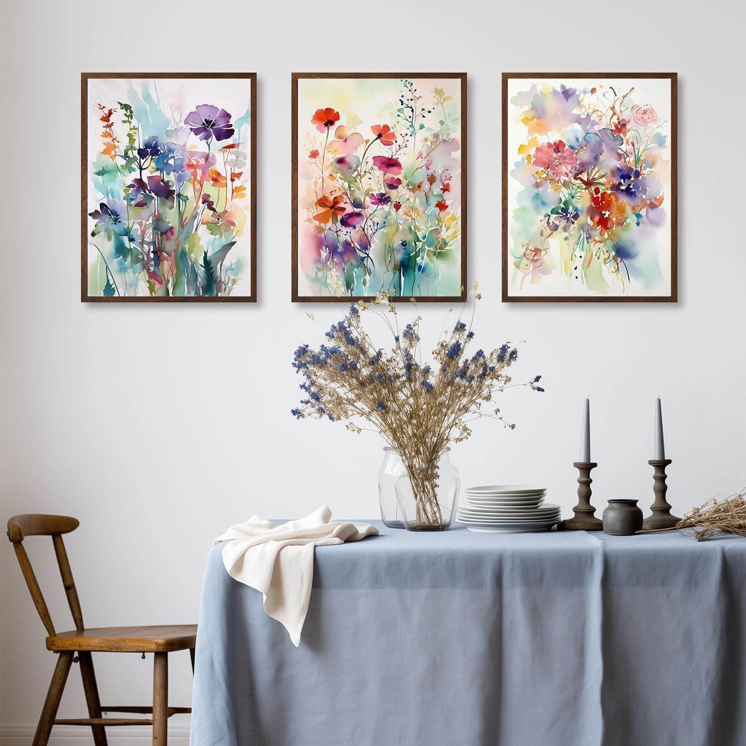 3Pcs Watercolor Flower Canvas Wall Art – Colorful Botanical Prints 12x16in