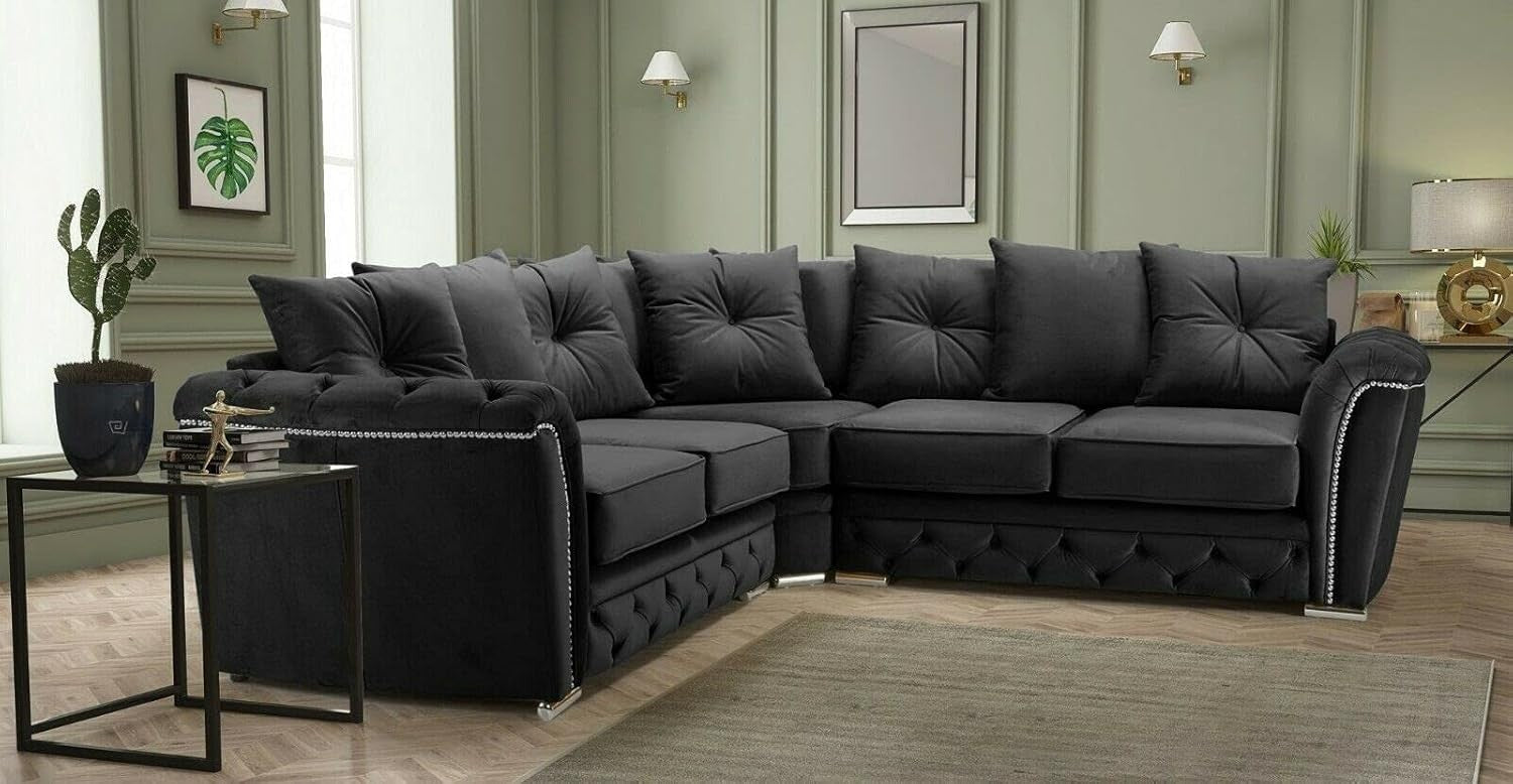Luxury Black Corner Sofa 5-Seater Plush Fabric | Deep Seat L-Shaped Couch