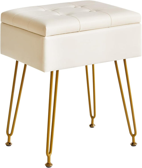White PU Leather Vanity Stool with Storage & Flip Tabletop – Adjustable Legs