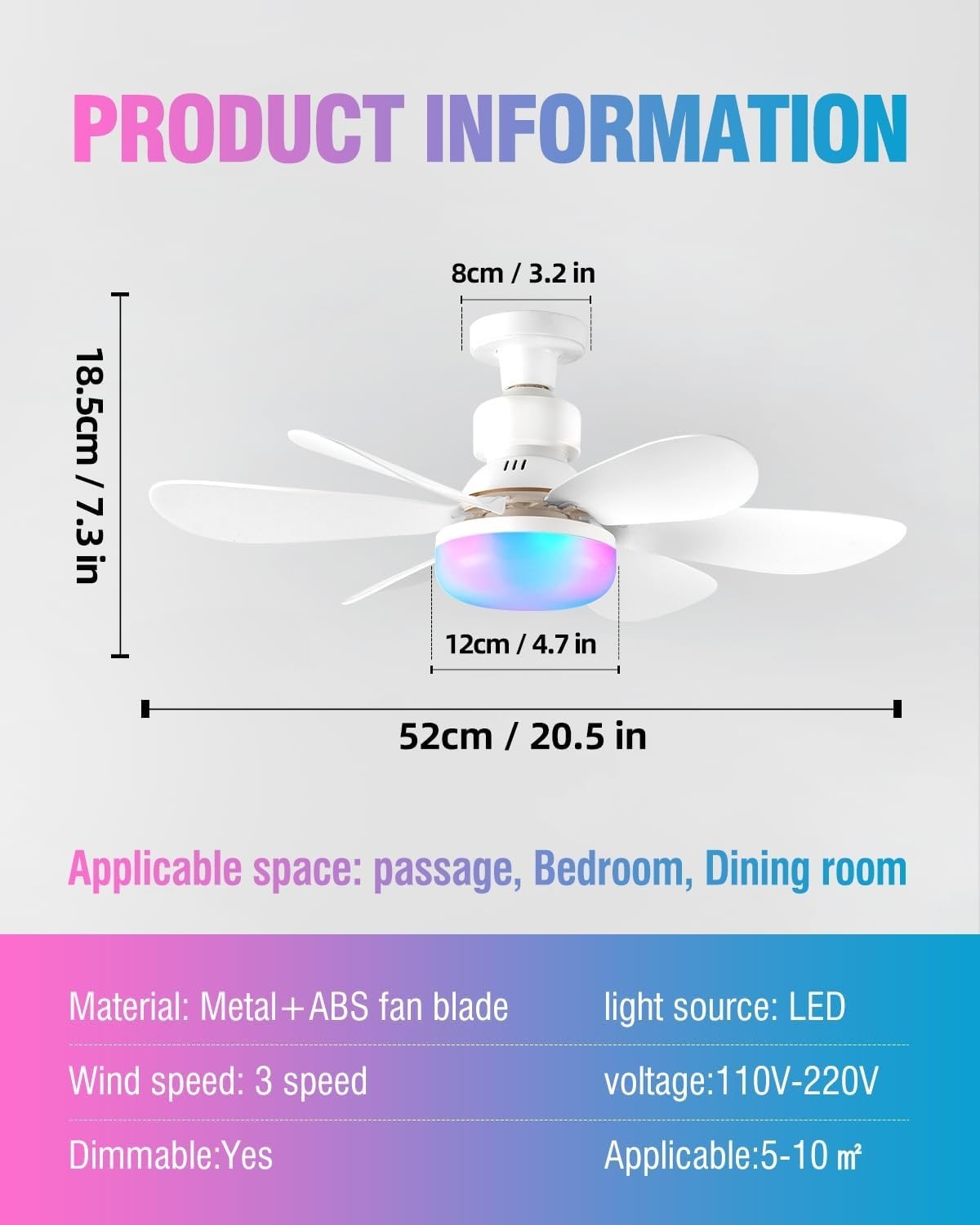 52cm Ceiling Fan Light, RGB Dimmable LED, 3 Speeds, E27 Base, Remote