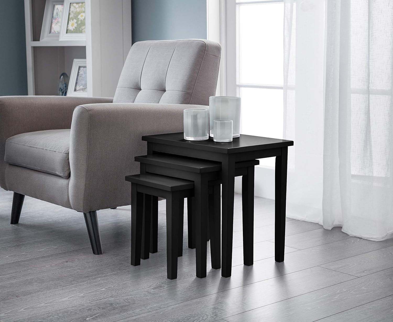 Space Saving Black Nesting Tables Set 3, Solid Wood End Side Lamp Coffee