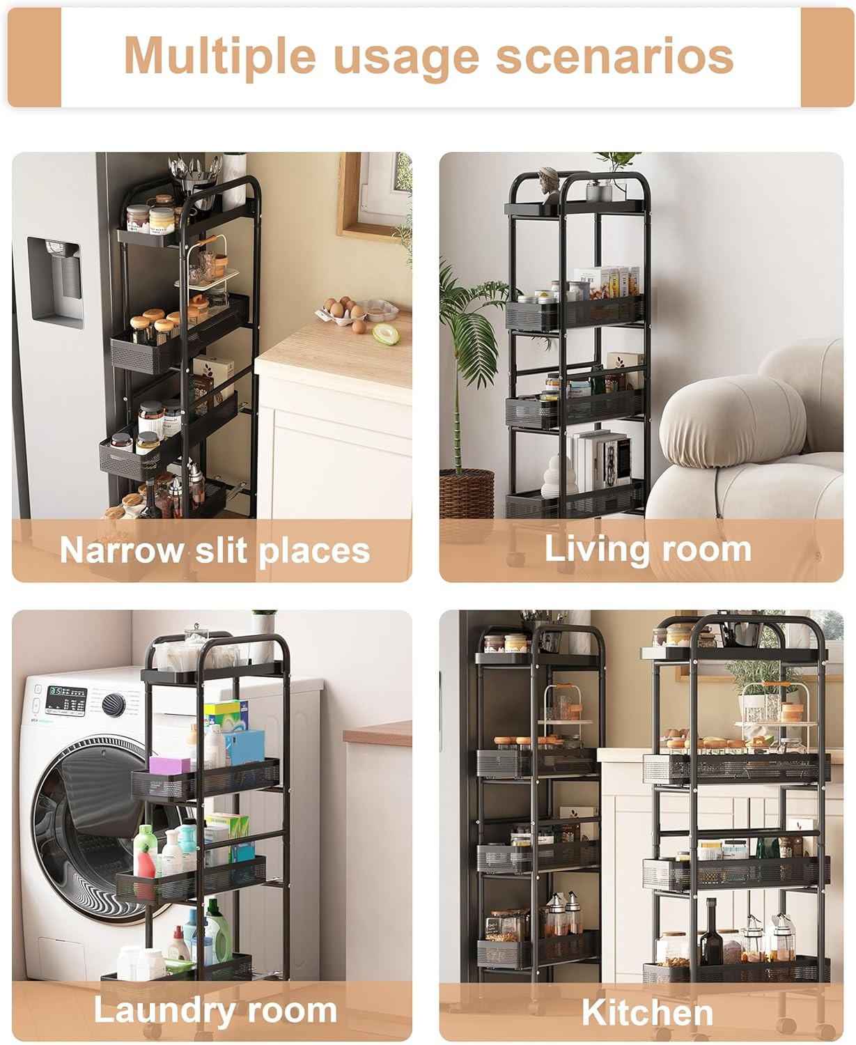 Slim Kitchen Storage Trolley 4 Tier Pull Out Drawers on Wheels Narrow Cart